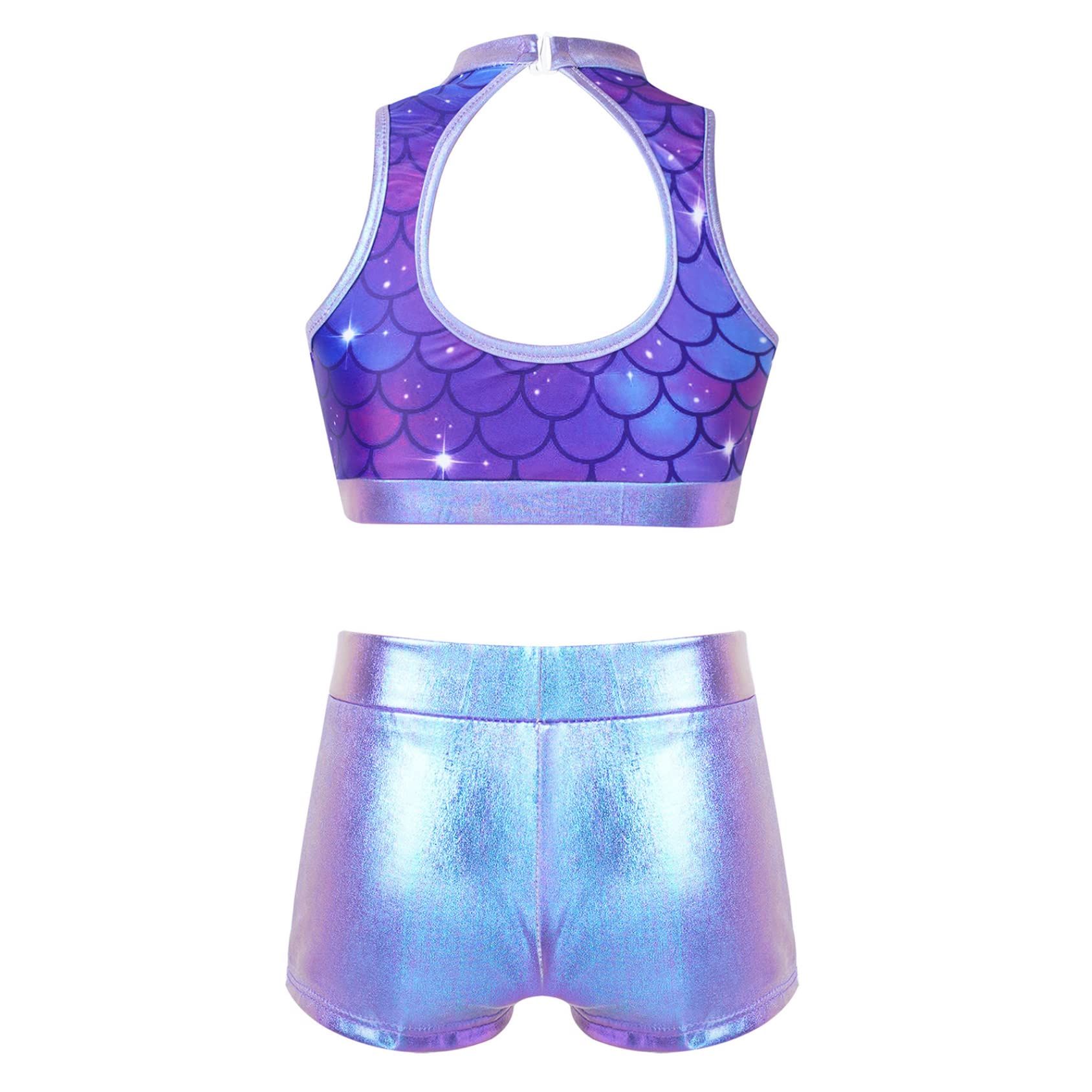 Daenrui Kids Girls 2 Piece Sequins Sports Dance Outfit Crop Top with Booty Shorts Gymnastics Dancing Costume Purple Fish Scales#2 8-10 Years