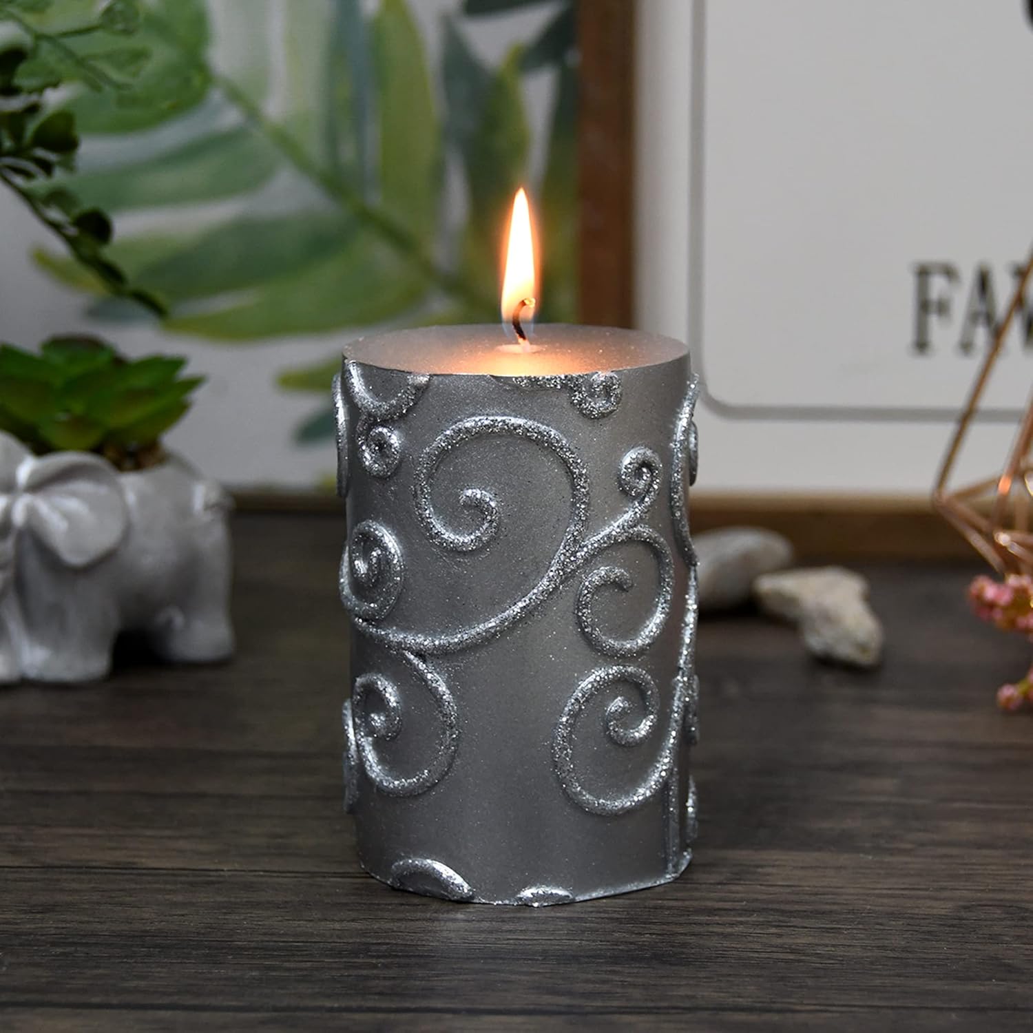 Zest Candle CPZ-068_12 1-Piece Scroll Pillar Candle, 3" x 4", Silver