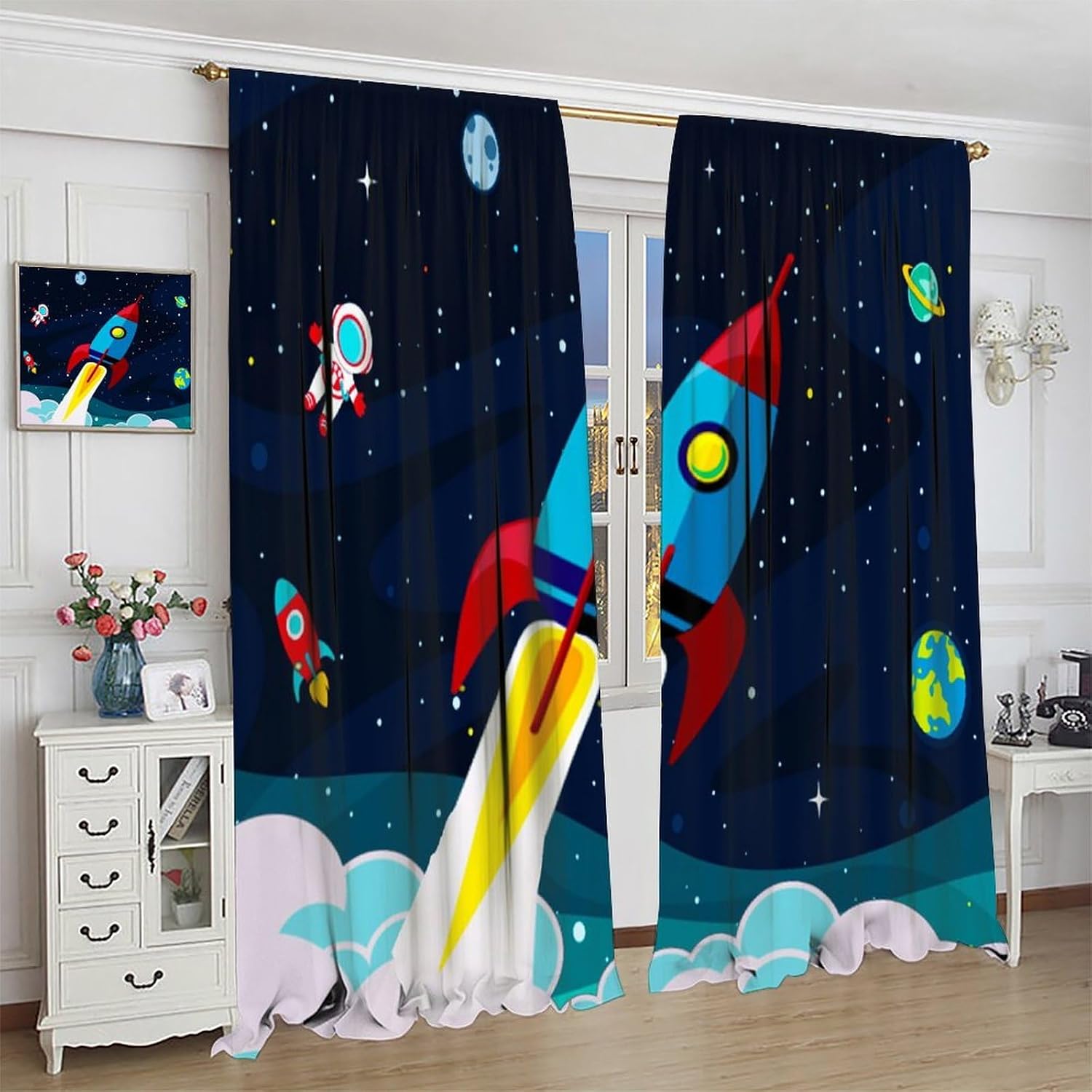 Astronaut Rocket Curtains for Nursery,Cartoon Funny Galaxy Outer Space Universe Earth Window Treatments for Kids Boys Baby Bedroom Living Room 42x44.5in（No Blackout） image 5