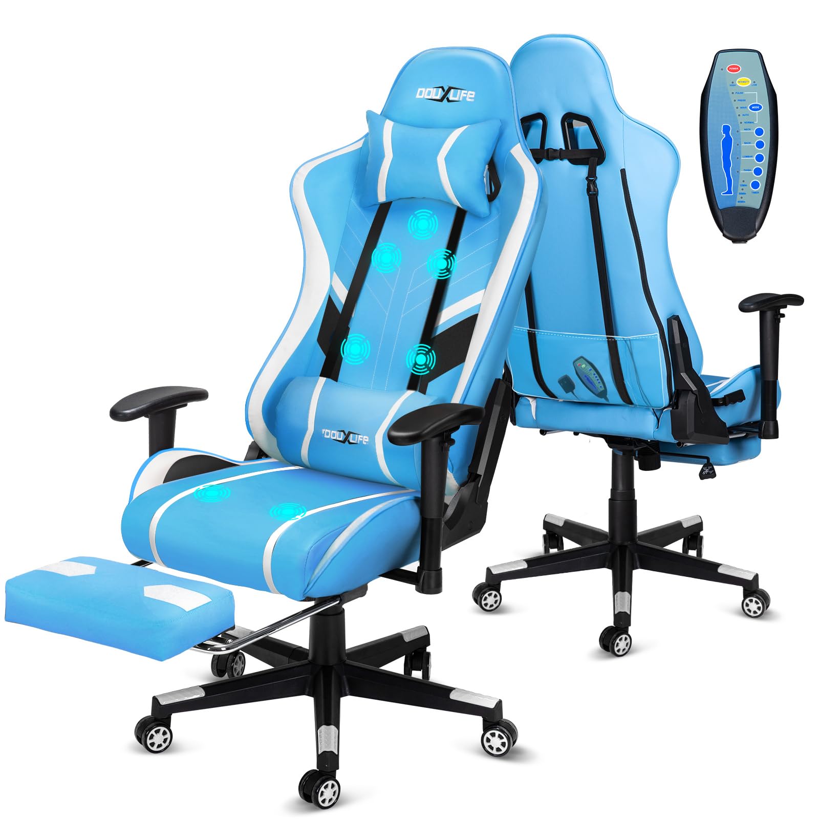 Douxlife Silla Gaming con Masaje de 7 Puntos, Silla de Oficina Ergonómica, Respaldo Ajustable 90-175°, Pasamanos 2D Ajustables, Capacidad de Carga 180 Kg, Azul Blanco