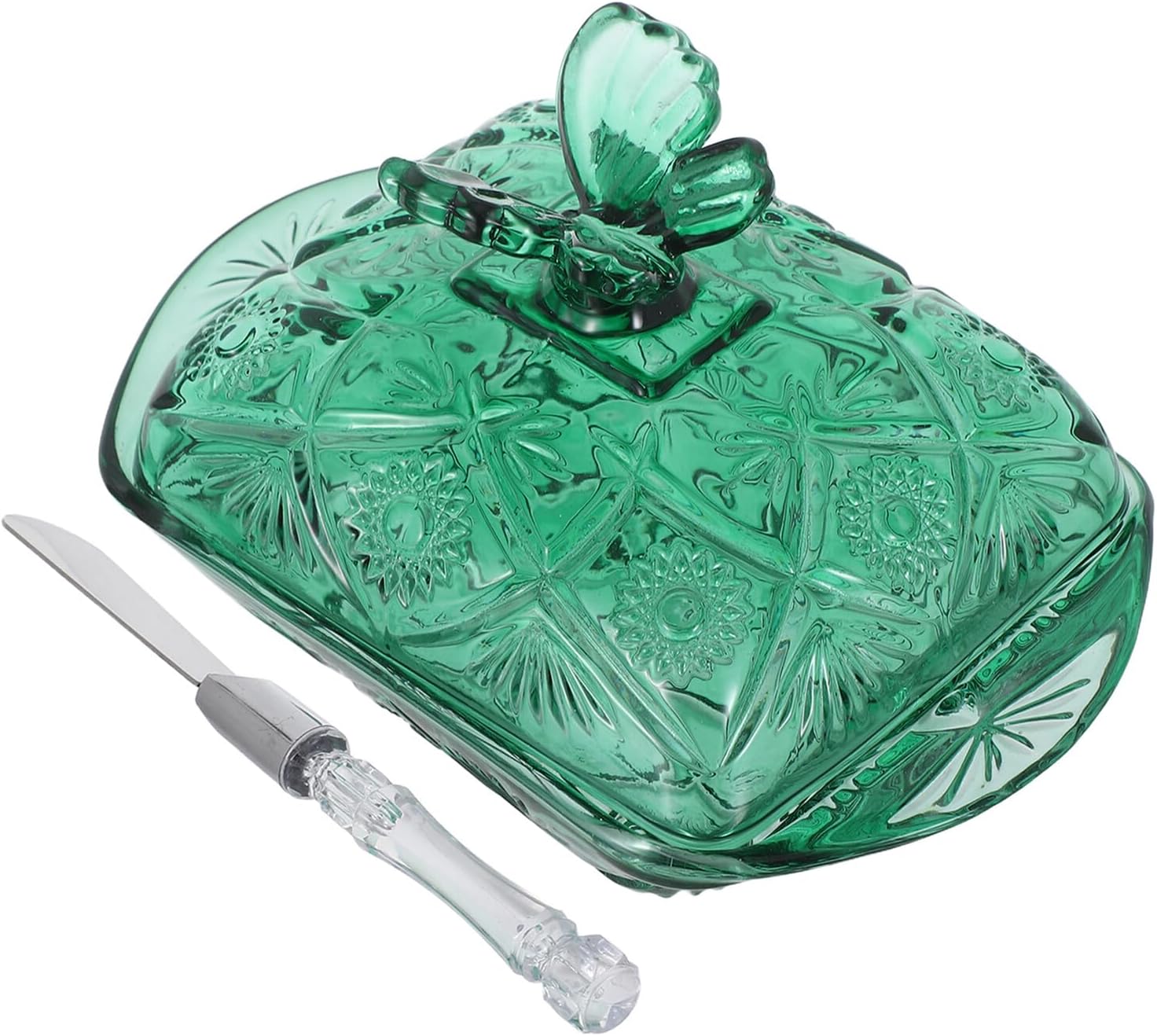 NUOBESTY Glass Covered Butter Dish with Lid and Knife Vintage Green Ribbon Design Airtight Glass Butter Tray for Refrigerator and Countertop Storage and Party Serving