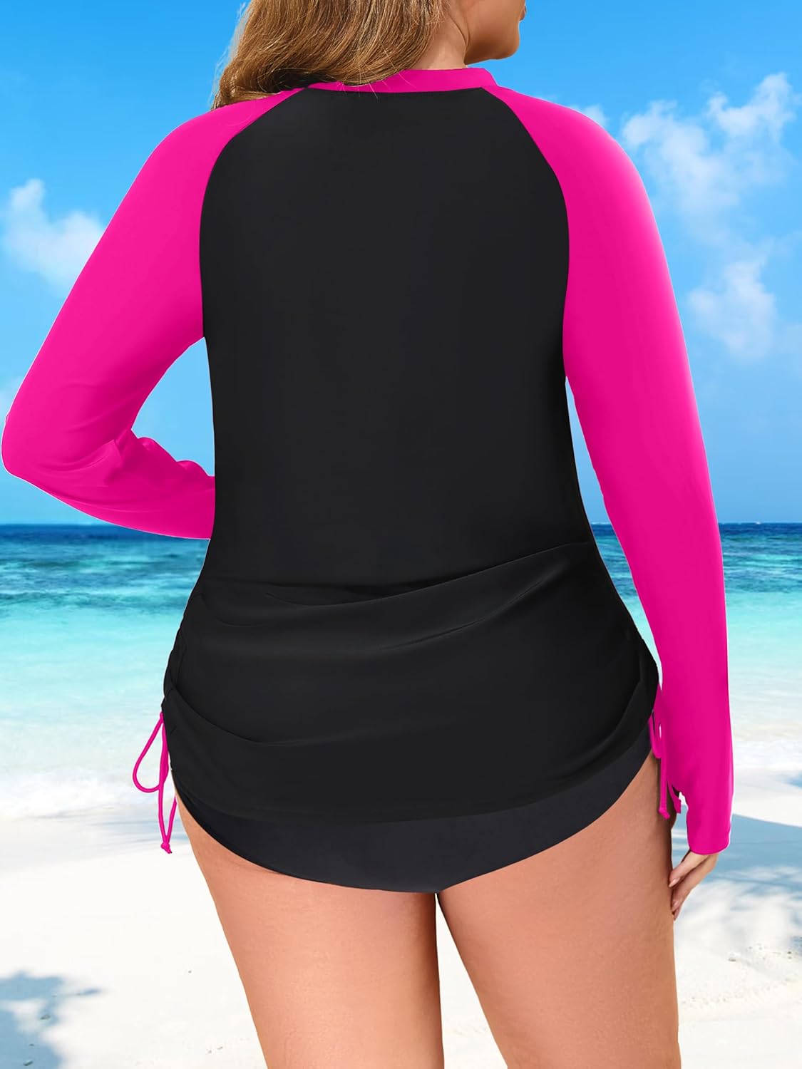 Plus Size Rash Guard for Women Long Sleeve UV Sun Protection Shirts UPF 50+ Swimsuit Tops with Zip Pockets