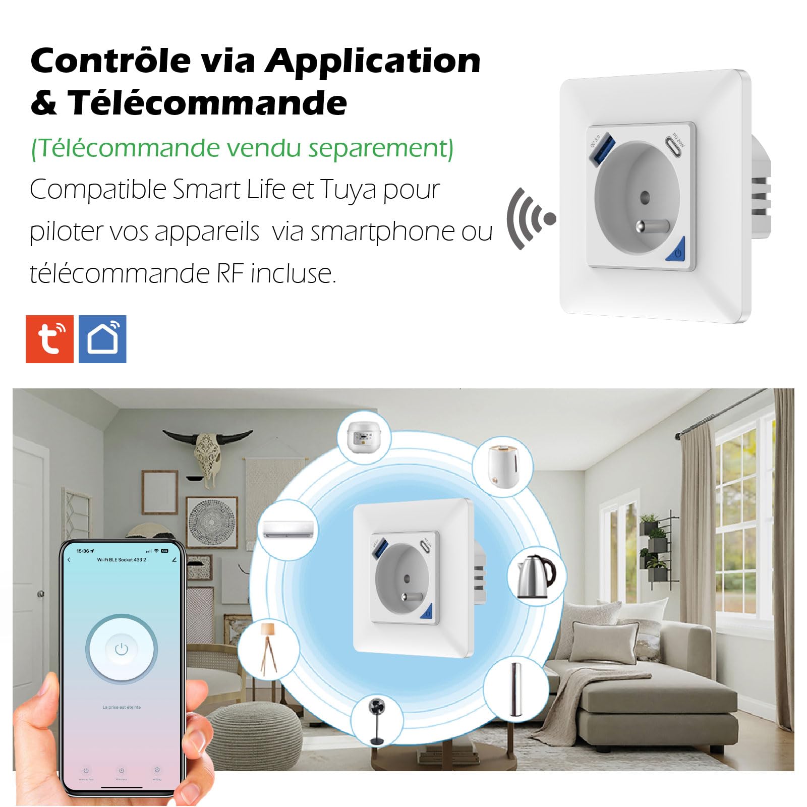 KYF Lot de 4 Prises Connectées WiFi, Type E, PC, Encastrable avec Ports USB-A + USB-C (20 W), Blanc, Compatible Alexa & Google Home, 220-240V, FR, 16A