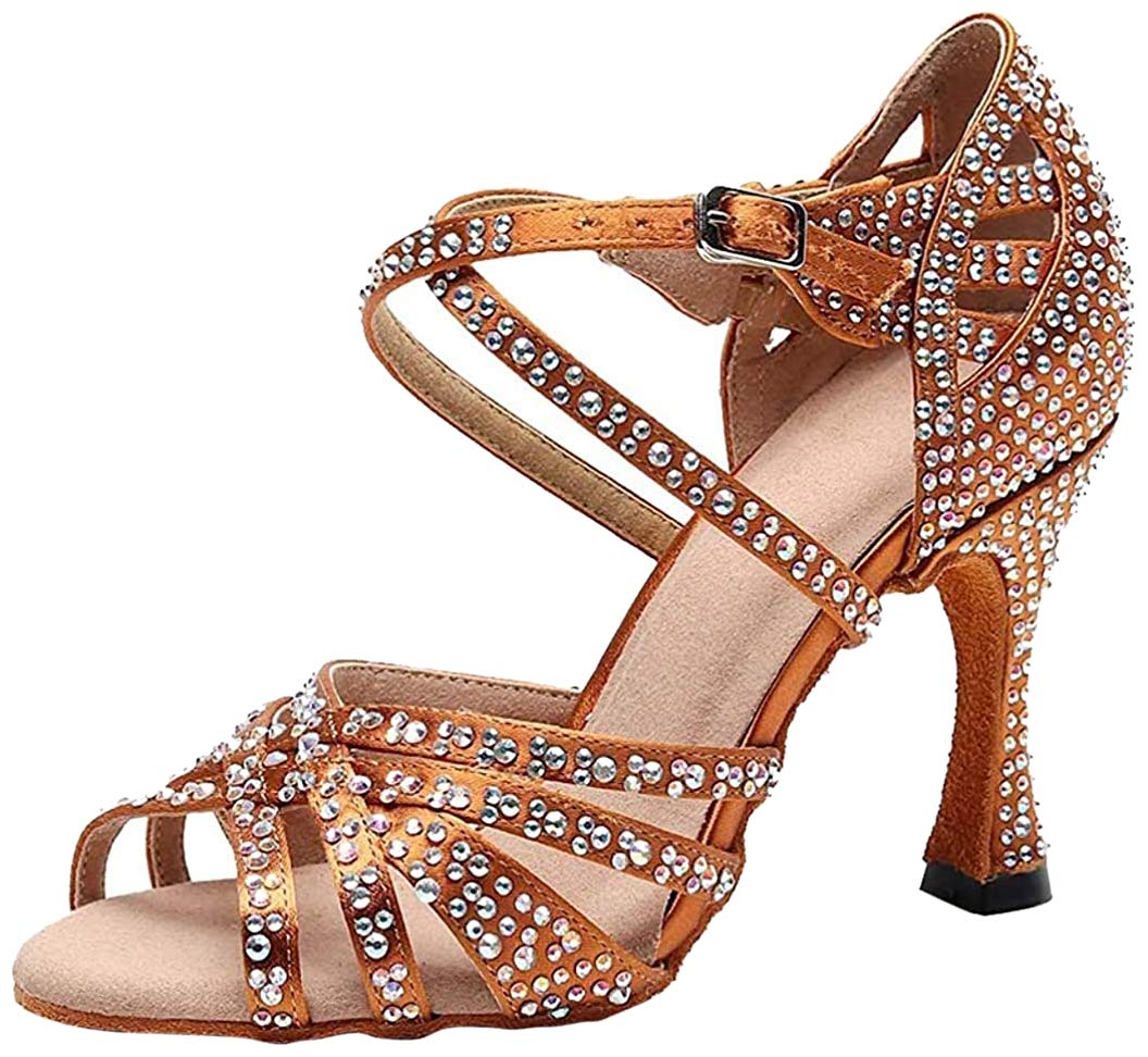 Sandalias de baile moderno latino con correa cruzada para mujer, con diamantes de imitación de tango social, bailes, Tacón marrón de 9 cm. — view 14