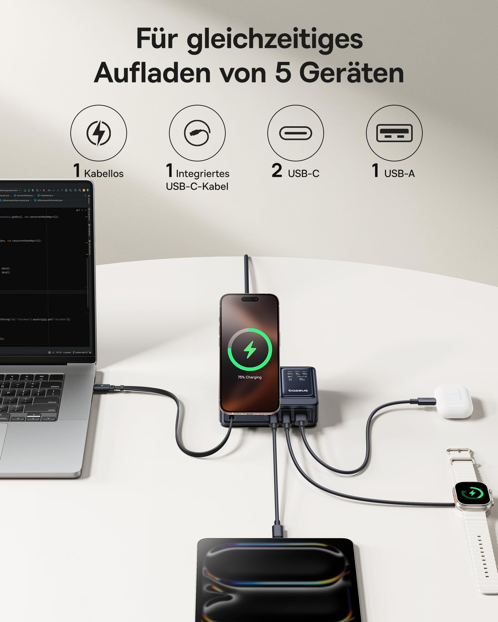 Baseus NOMOS 5-w-1 Stacja Ładowania, 140W Ładowarka USB-C z ładowaniem MagSafe Qi2.0 15W, chowany kabel USB-C, 2USB-C+ USB-A, z wyświetlaczem cyfrowym, kompatybilna z iPhone17/16/15/14, MacBook