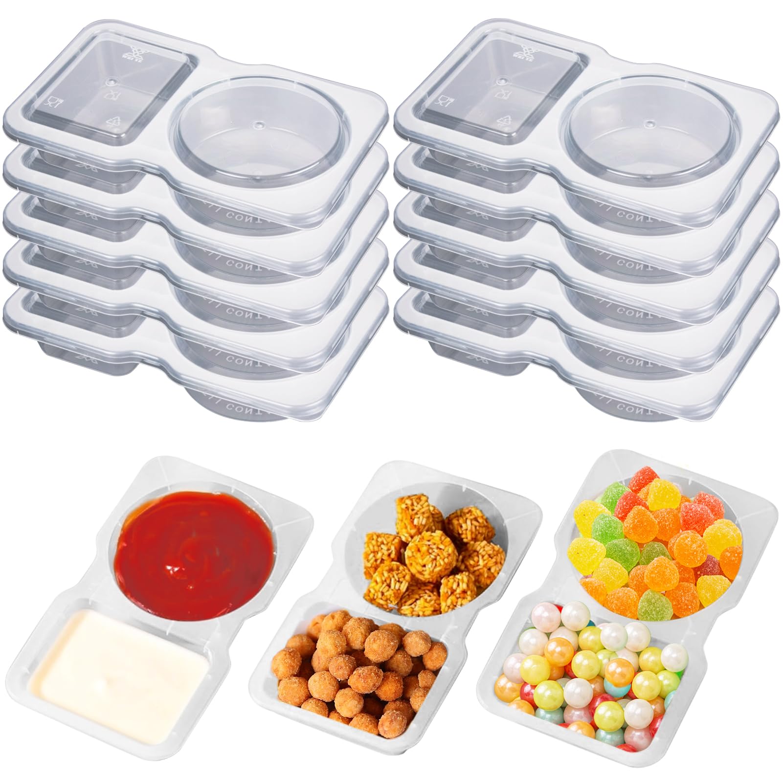 10pcs Reusable Snack Containers with Lids, Double Compartment Condiment Containers, Snack Container Dual Section Spice Box for Portion Control and Meal Prep Lunch Containers for School Office Travel