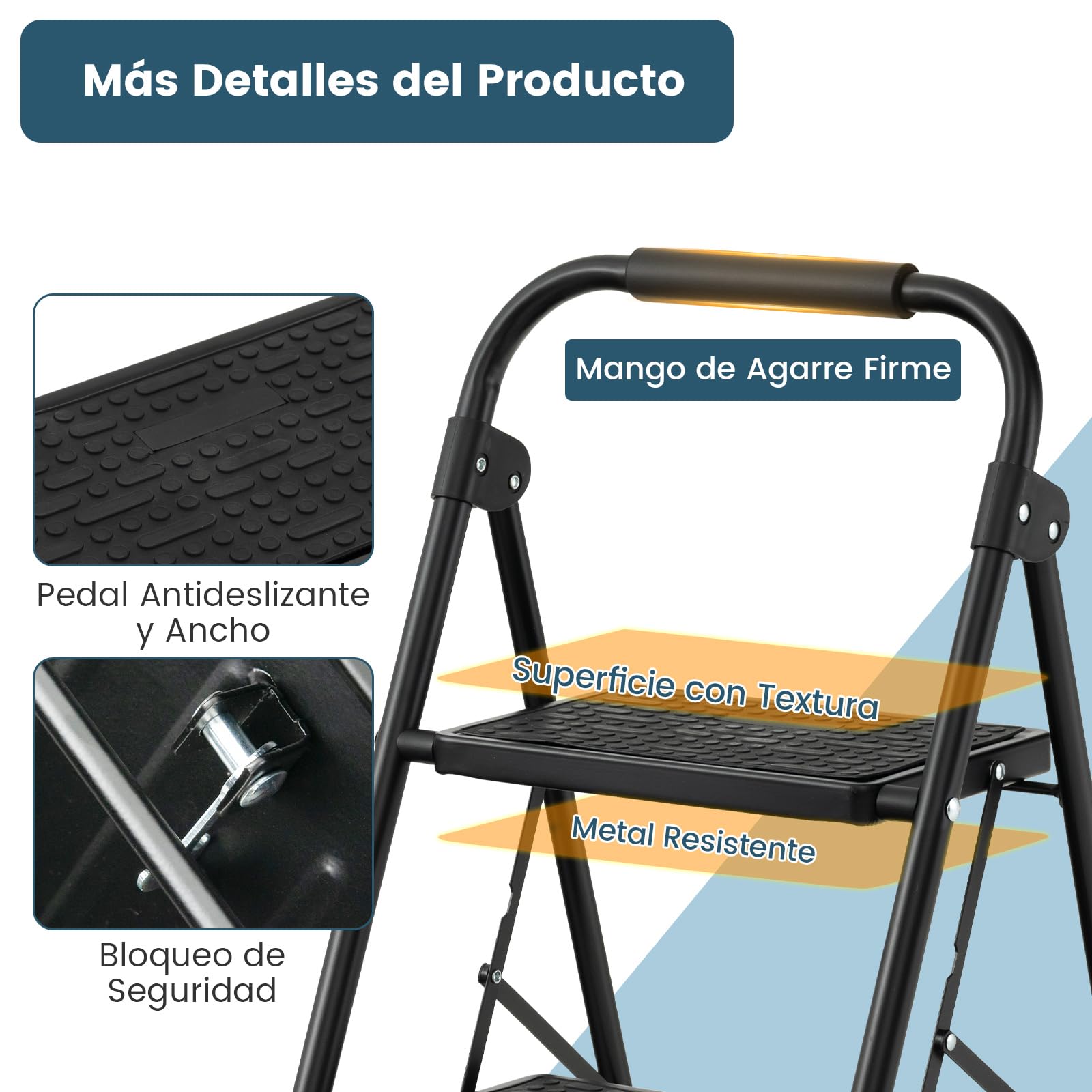 COSTWAY Escalera Plegable de 2 Peldaños, Taburete Plegable con Manija Acolchada y Escalones Antideslizantes, Escalera de Metal Portátil, para Cocina, Hogar, Almacén
