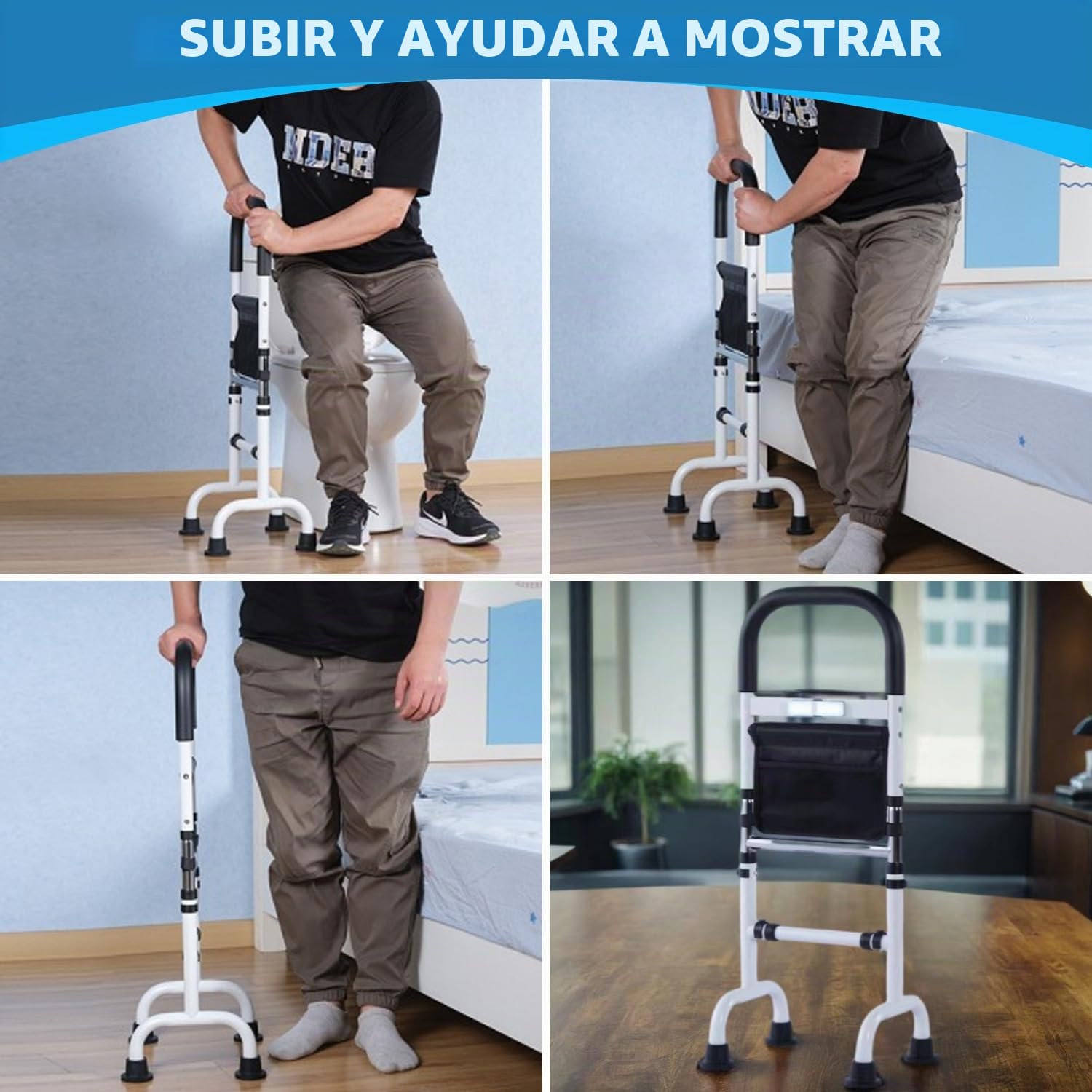 Ayuda de pie para personas mayores, altura ajustable, andador móvil con ventosas antideslizantes y bolsa de almacenamiento, ayuda de movilidad gruesa y portátil para cama, sofá, suelo de inodoro