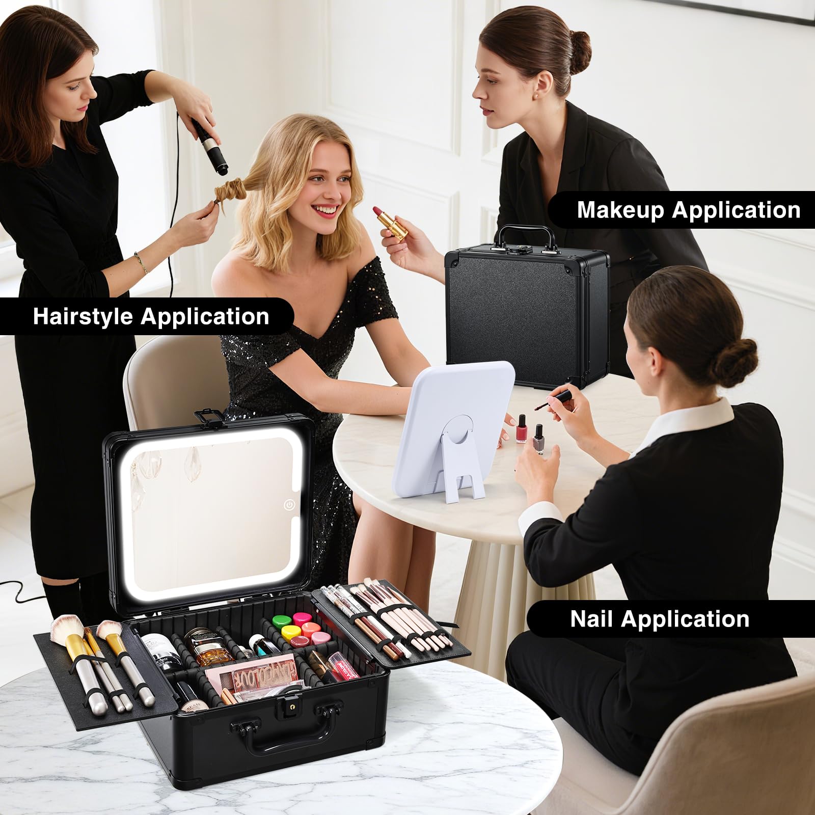 Make-up-Koffer mit LED-Spiegel, Reise-Schminkkoffer, Make-up-Organizer-Box, Schwarz , Modern, funktional