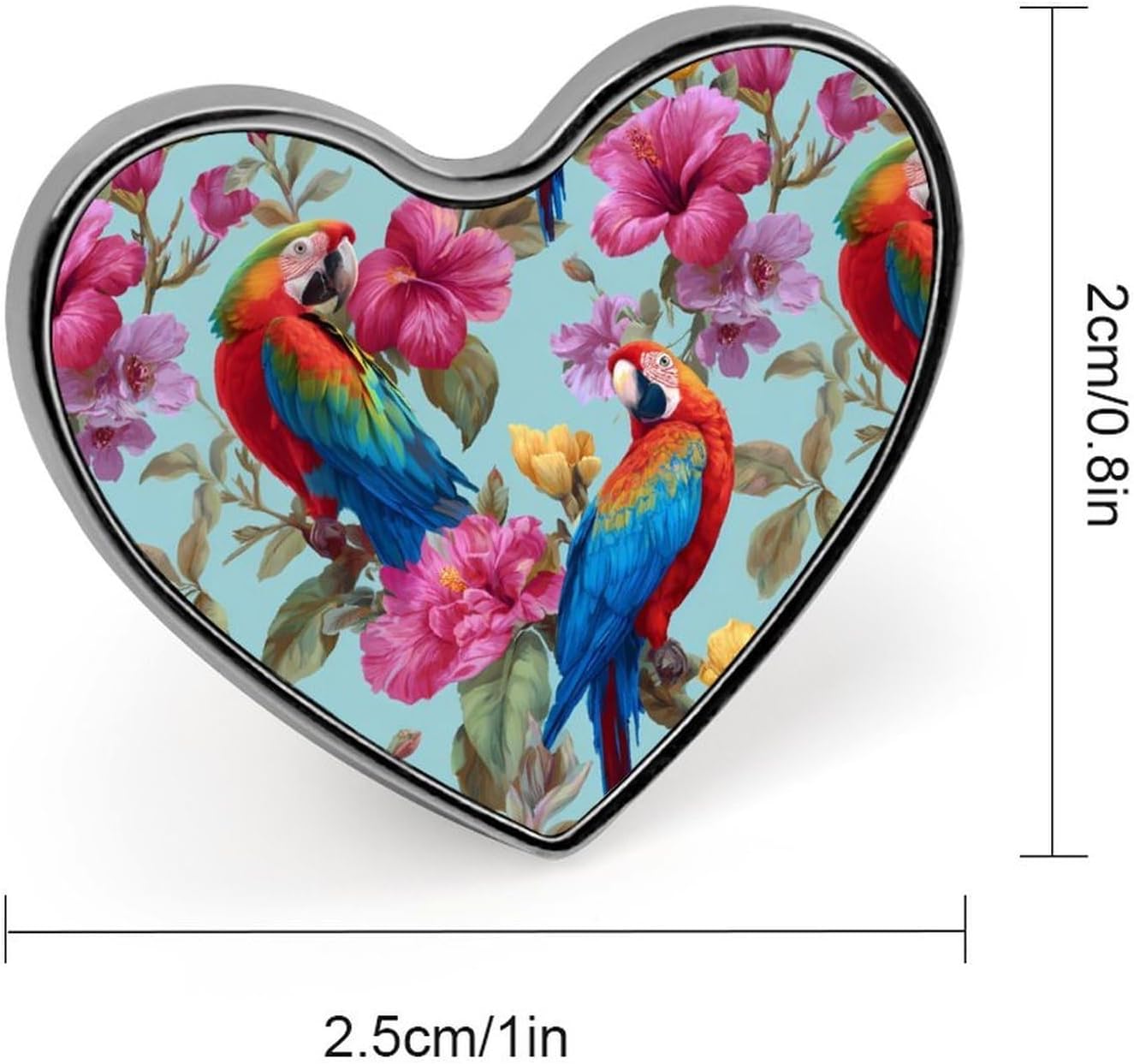 Colorful Parrots Tropical Flowers Funny Metal Badge 1″ Heart Form Brooch Pin Clothes Hat Bag Tie Accessories Decor image 2