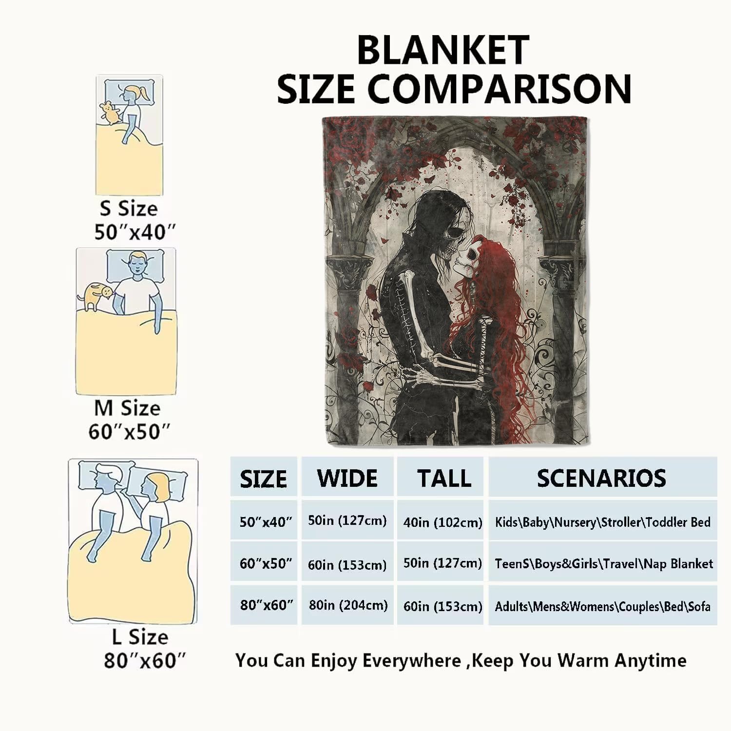 ゴシック ロマンス スカル ラバーズ ブランケット、レッドローズ スケルトン スローブランケット、女性、男性へのギフト、軽量 ソフト