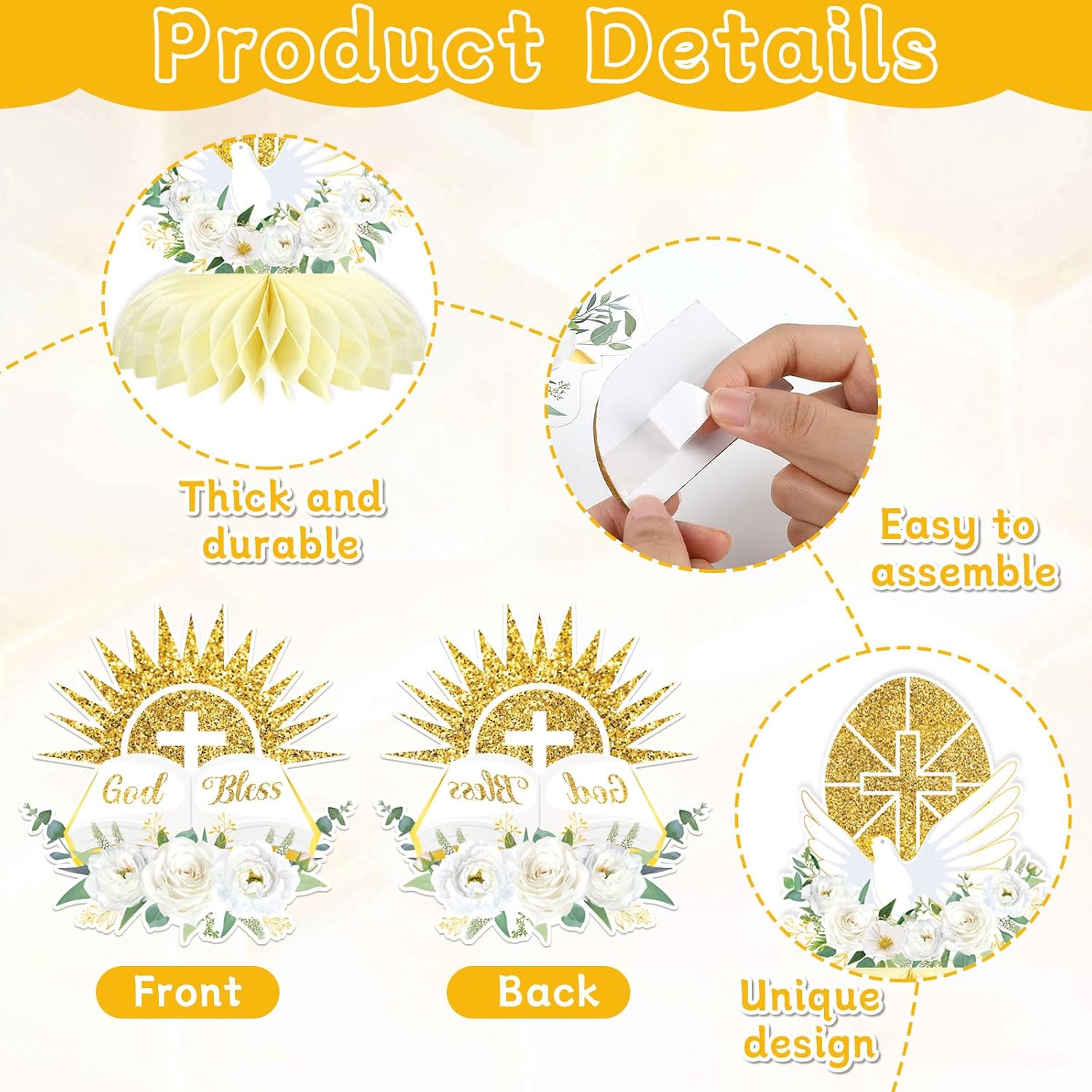 party greeting 14Pcs White Gold Floral Decoration Honeycomb Centerpieces God Baptism Decoration God Bless Centerpieces for Table Decoration First Communion Party Supply Centerpieces Double Side Table