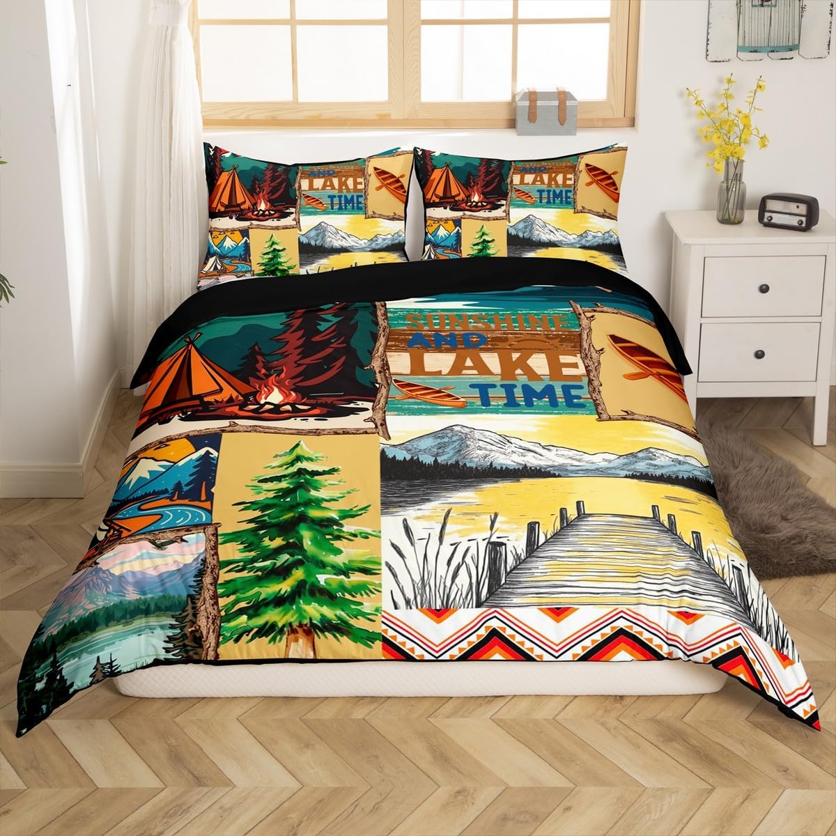 Erosebridal Lake Life Bedding Set Twin,Rustic Buffalo Plaid Patchwork Comforter Cover for Women Men Adults,Happy Camping Bed Set,Mountain Lake Life Duvet Cover with 1 Pillow Case Bedroom Decor