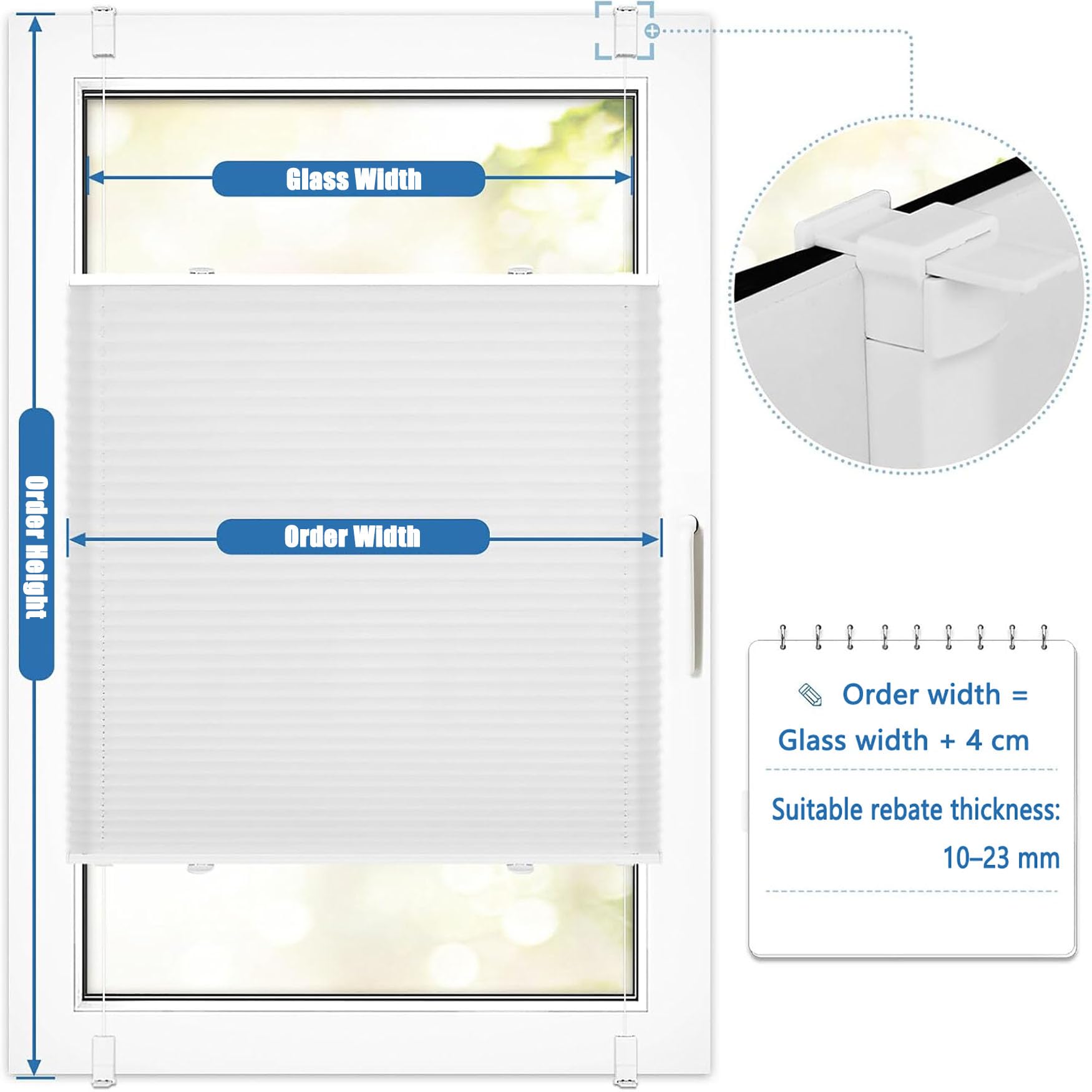 Estor Plisado sin Taladrar 50 x 200 cm Filtrado de Luz y Protección Visual Solar UV Persianas Plisadas sin Taladrar con Soportes de Sujeción para Ventanas y Puertas, Blanco