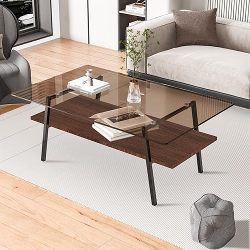 Miniatura 6 de Mesa de centro de vidrio de doble capa de vidrio templado con patas de metal y estante inferior de MDF, mesa de centro rectangular de vidrio para