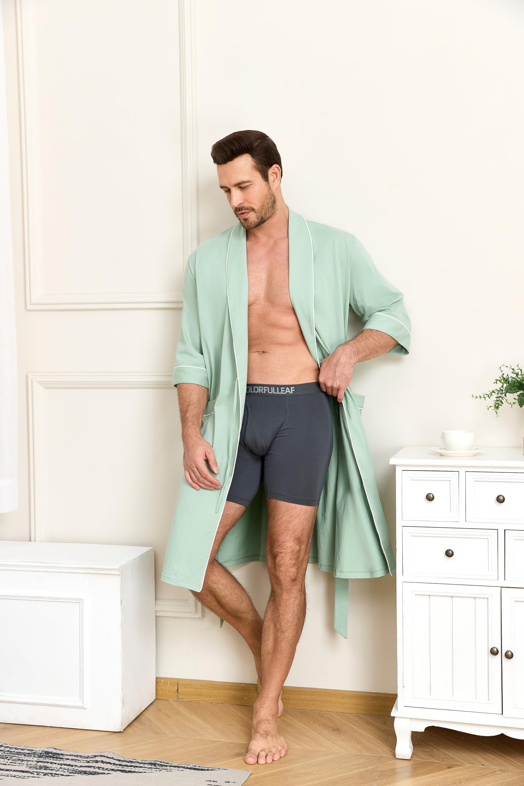 EA'S SECRET 100% Baumwolle Herren Leichte Bademantel Sommer 3/4-Ärmel Kimono Baderobe Weiches Knielang Sauna-Robe mit Taschen