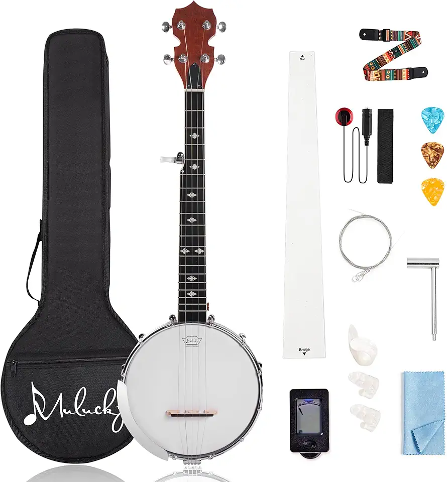 Mulucky Mini Banjo de 5 cordas – 66 cm Banjo de viagem Sapele Corpo Fechado Solid Back Kit Iniciante com Gig Bag Picks Strings Strap - B807