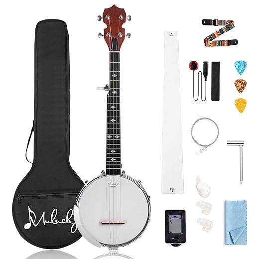Mulucky 5 String Banjo Mini - 26 Inch Travel Banjo Sapele Body Closed Solid Back Beginner Kit With Gig Bag Picks Strings Strap - B807