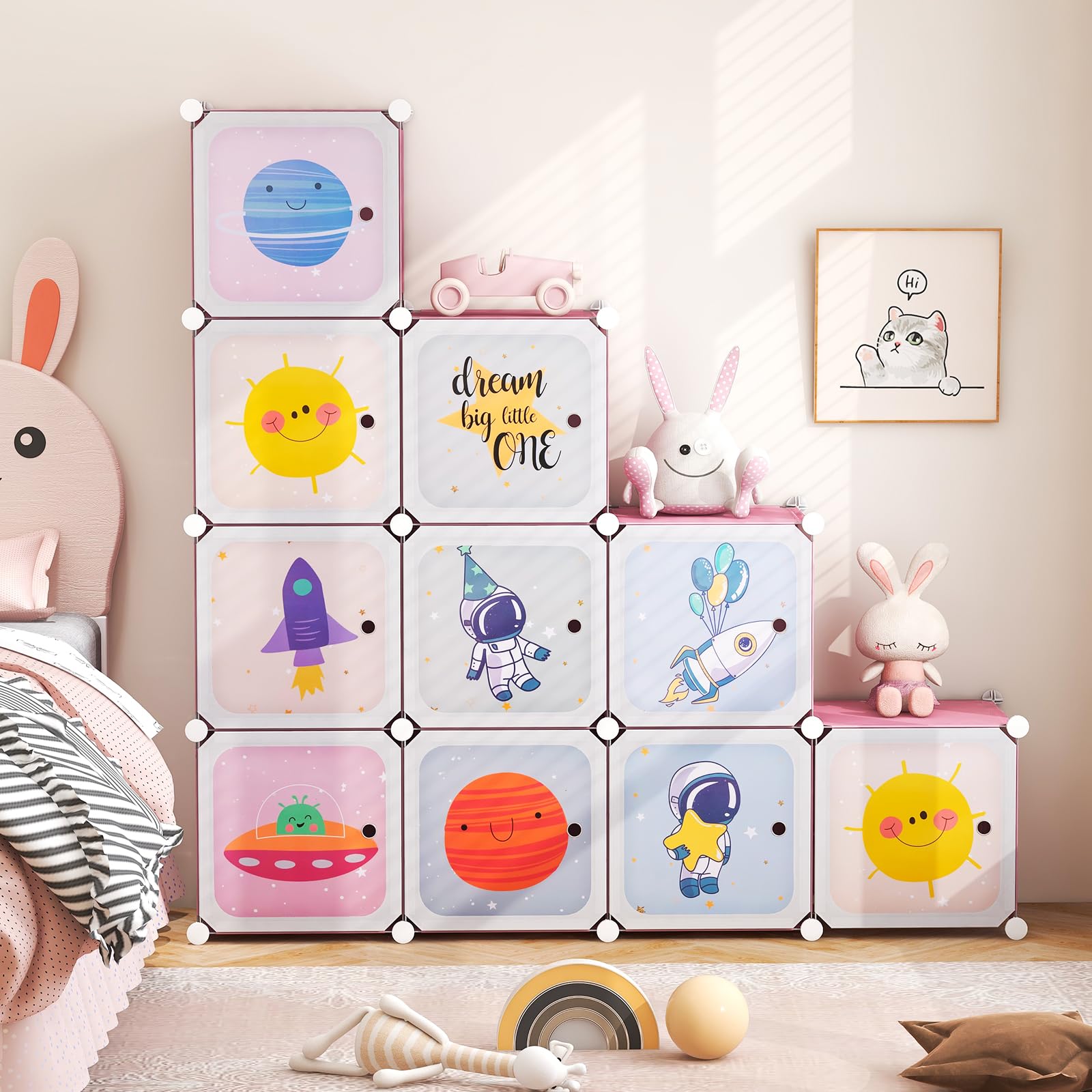COSTWAY Armario Modular Infantil 12 Cubos 2 Secciones Colgar Estantería Organizador Almacenaje Juguetes 109x37x145 cm Rosa