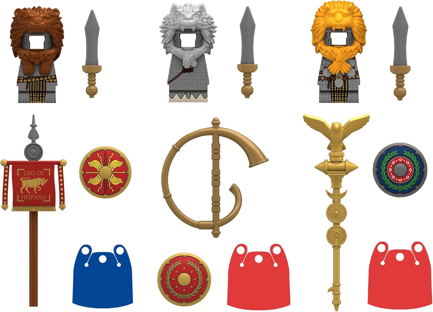 Roman Mini Gladiator Packs, 3Pcs Soldier Figures, Compatible with Lego 71001 Set, Armor Weapons Capes Shield Accessories Pack (Animal)