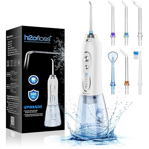 H2ofloss Water Dental Flosser Portable Dental Oral Irrigator with 5 Modes, 6 Replaceable Jet Tips, Rechargeable IPX7 Waterproof Teeth Cleaner for Home and Travel -300ml Detachable Reservoir (HF-6)