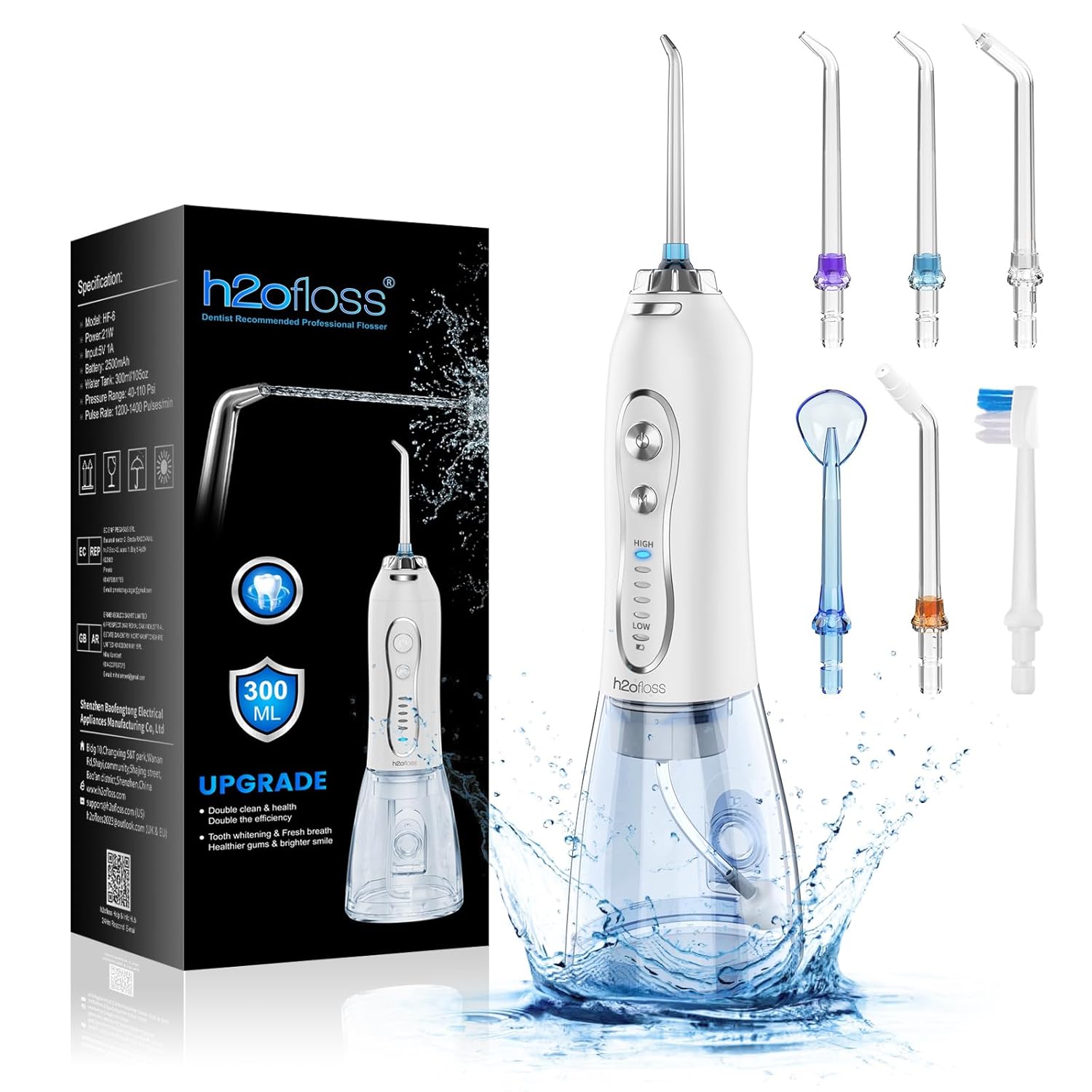 H2ofloss Water Dental Flosser Portable Dental Oral Irrigator with 5 Modes 6 Replaceable Jet Tips Rechargeable IPX7 Waterproof