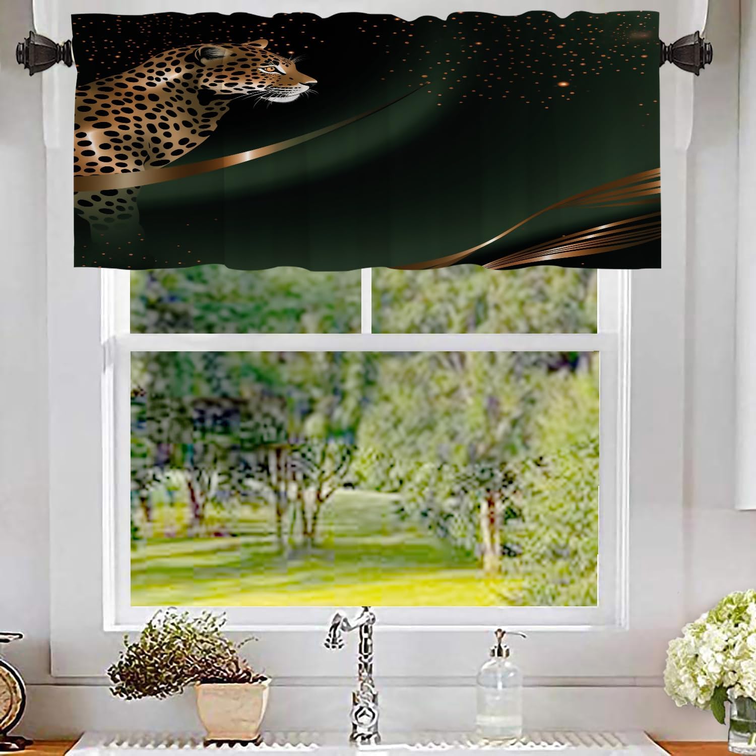 Batmerry Leopard Sparkles Kitchen Curtains, Animal Wild Cat Window Treatments Blackout Valance Curtain for Living Room/Bathroom, 2 Pack 52X18 Inches