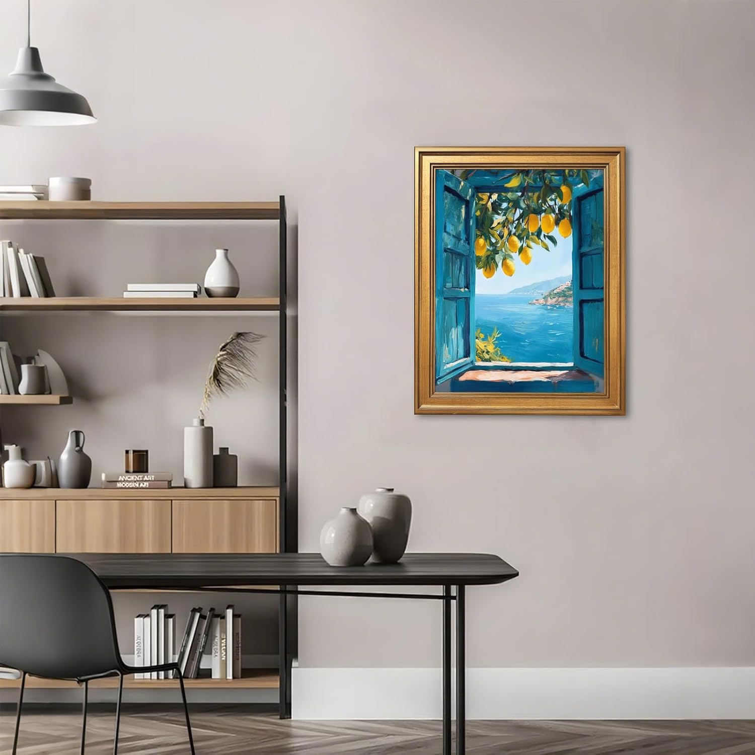 Framed Open Window Blue Coastal Canvas Wall Art Italian Seaside Landscape Painting Mediterranean Lemon Tree Print Poster Seascape Pictures Wall Decor for Beach House Home Living Room 12x16inch Gold