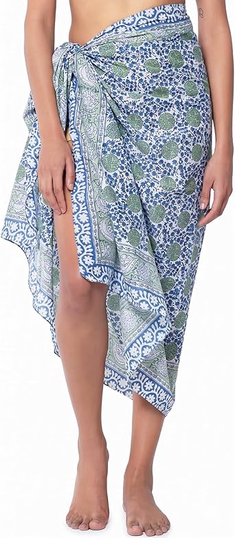 Hand Block Print Beach Sarong Cover Up Women Swimwear Wrap Skirt Cotton Lightweight