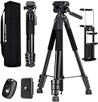 K&F Concept Tripode, 68" Tripod pour appareil photo DSLR,Canon, Nikon Trépied compact de téléphone de voyage avec amovible 3-Way Pan Head,Trépied léger avec télécommande et support de téléphone pour Vlog,Capacité de charge 8.82lbs