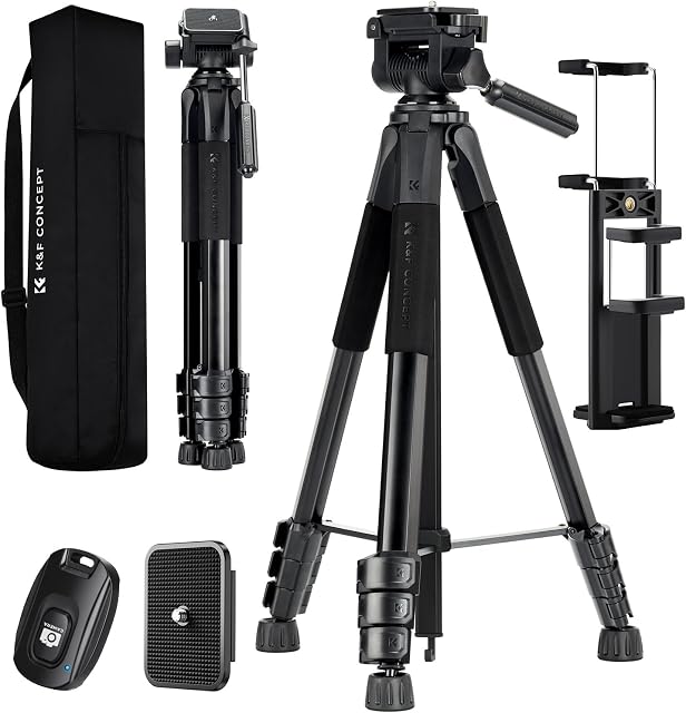 K&F Concept Tripode, 68" Tripod pour appareil photo DSLR,Canon, Nikon Trépied compact de téléphone de voyage avec amovible 3-Way Pan Head,Trépied léger avec télécommande et support de téléphone pour Vlog,Capacité de charge 8.82lbs