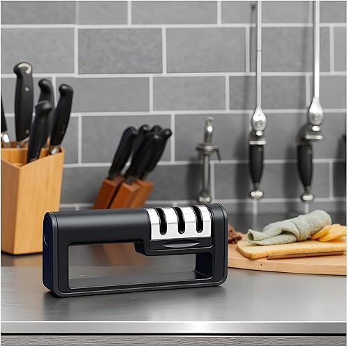 Miniatura 5 de Afilador de cuchillos activo de 4 etapas, negro, afilado de precisión para cuchillos de cocina, tijeras y más