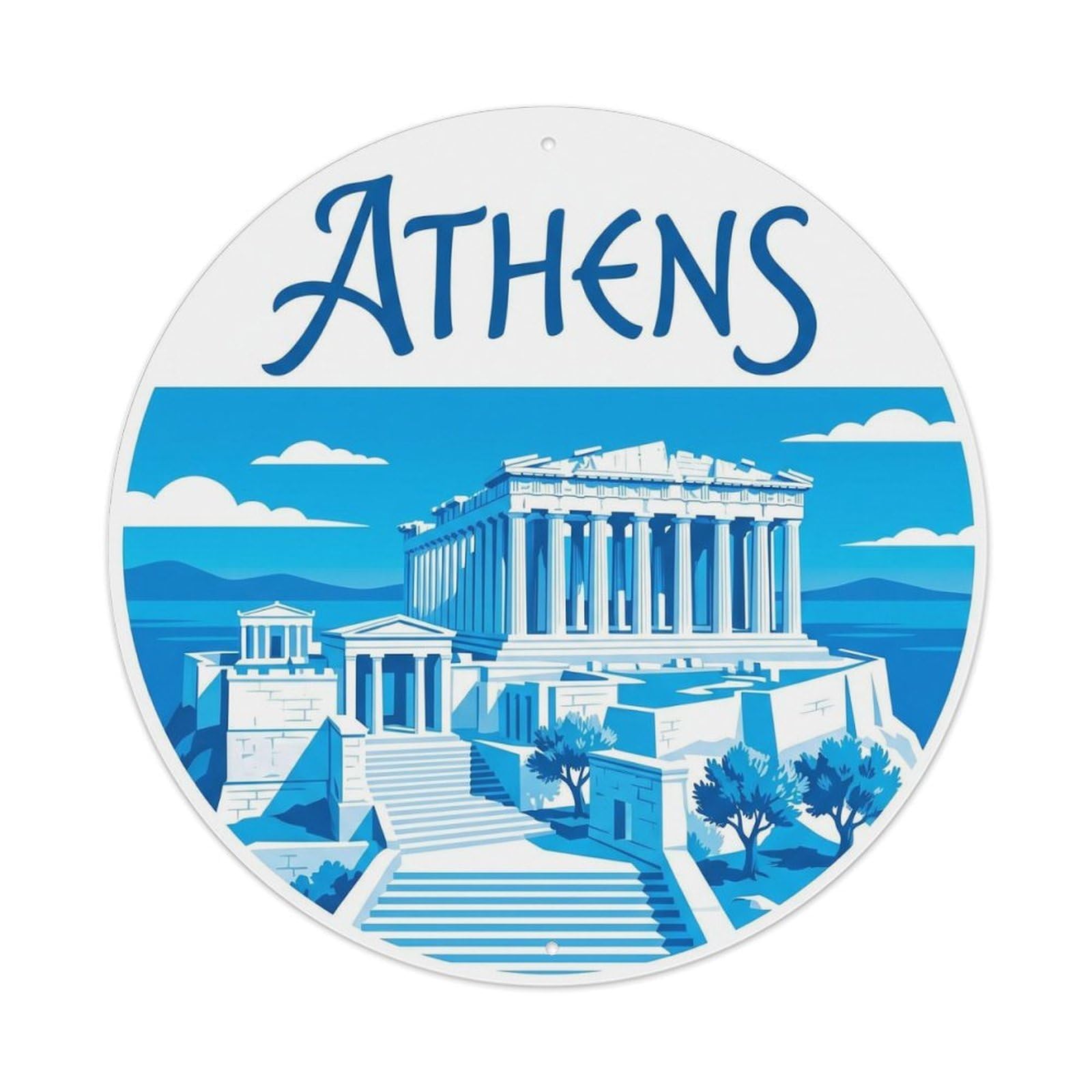 Vintage Travel Athens Acropolis Temple Metal Tin Sign Plaque Wall Decor for Cafe, Club Bar, Office, Home Garden Round Metal Poster 8x8Inch