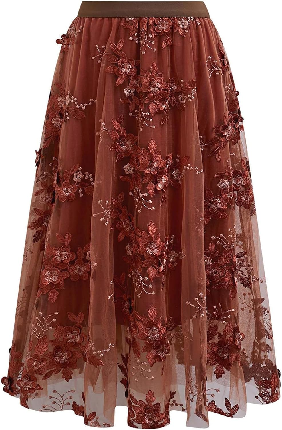 CHICWISH Women 3D Floral Embroidered Tulle Skirt Flare A Line High Elastic Waist Mesh Double-Layered Holiday Midi Skirt
