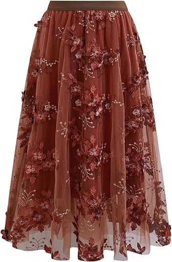 CHICWISH Women 3D Floral Embroidered Tulle Skirt Flare A Line High Elastic Waist Mesh Double-Layered Holiday Midi Skirt