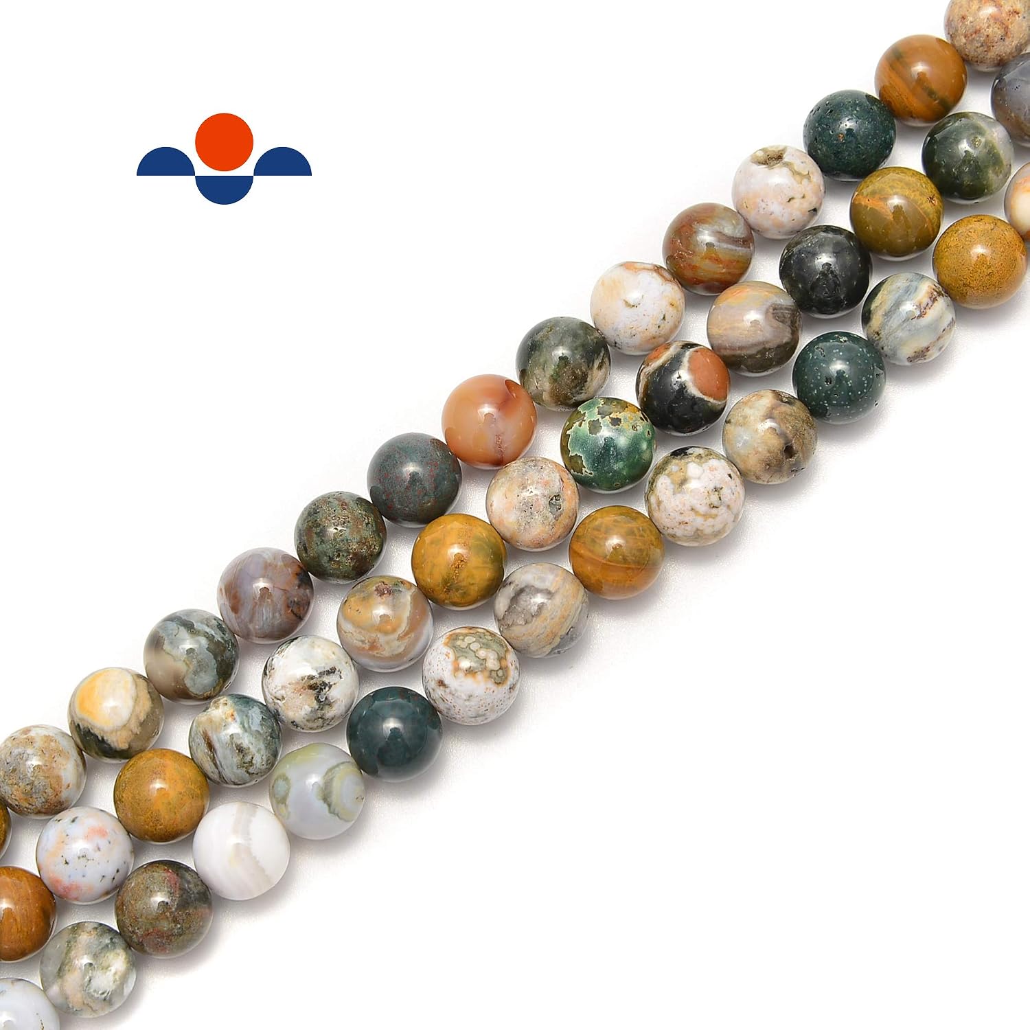 JM Design Natural Ocean Jasper Smooth Round Beads Size 10mm 15.5" Strand for Jewelry Making