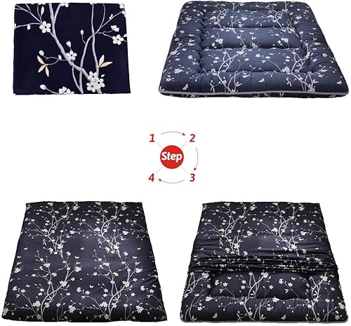 Miniatura 19 de MAXYOYO El mármol negro imprimió el futón japonés, la almohadilla de dormir espesa enrolla el colchón que acampa Mármol negro,Flor 1,floral azul