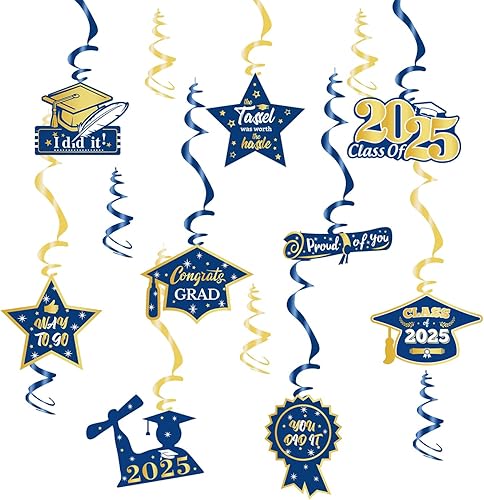 Decoraciones de fiesta de graduación color azul marino y dorado 15 piezas de decoración de felicitaciones de clase 2023, espirales orgullosos de Decoraciones de fiesta de graduación color azul marino y dorado 15 piezas de decoración de felicitaciones de clase 2023, espirales orgullosos de