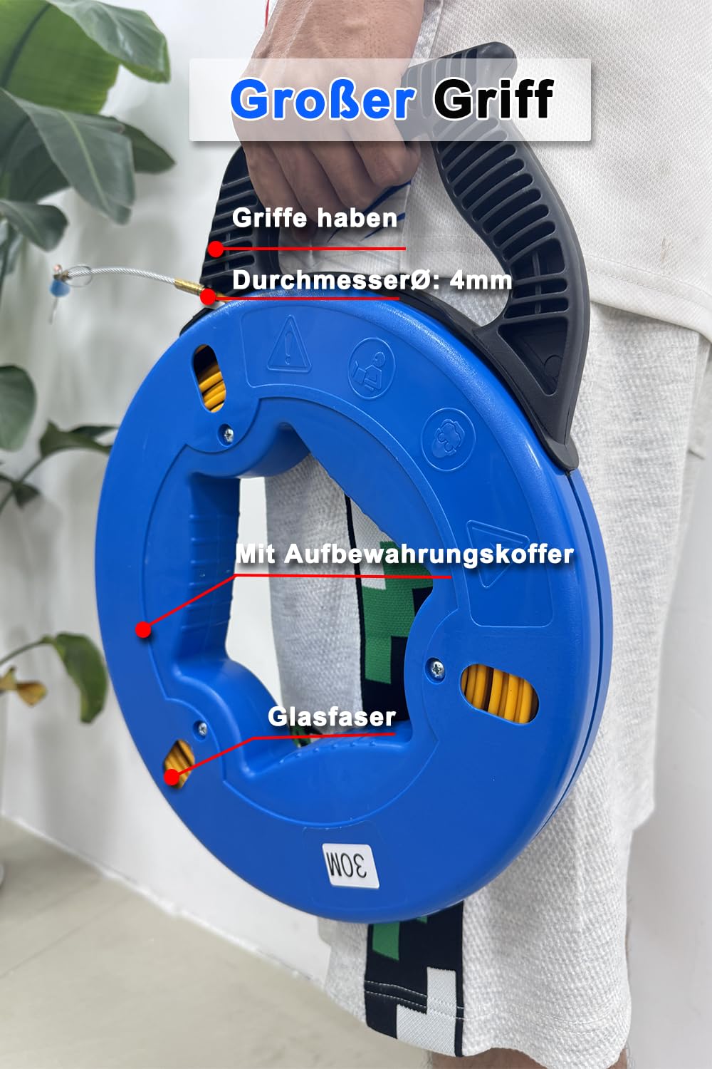 30m 4mm Fish Tape Kabeleinziehhilfe, Glasfaser Einziehspirale, Kabelziehwerkzeug für Elektroverkabelung, LAN & Rohre, mit Aufbewahrungskoffer
