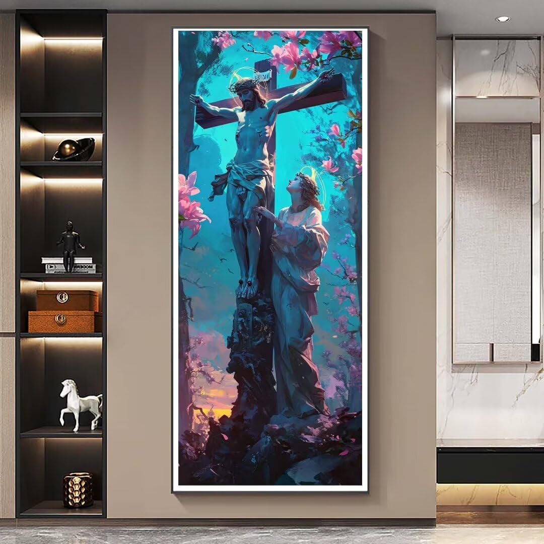 Diamond Painting Religion Cross Diamond Art Kits for Adults, Large Size 32 X 16 Inch, DIY Paint By Number Embroidery Craft, 5D Diamond Painting Kits Rhinestone Arts for Room Home Wall Decor Gift-b332