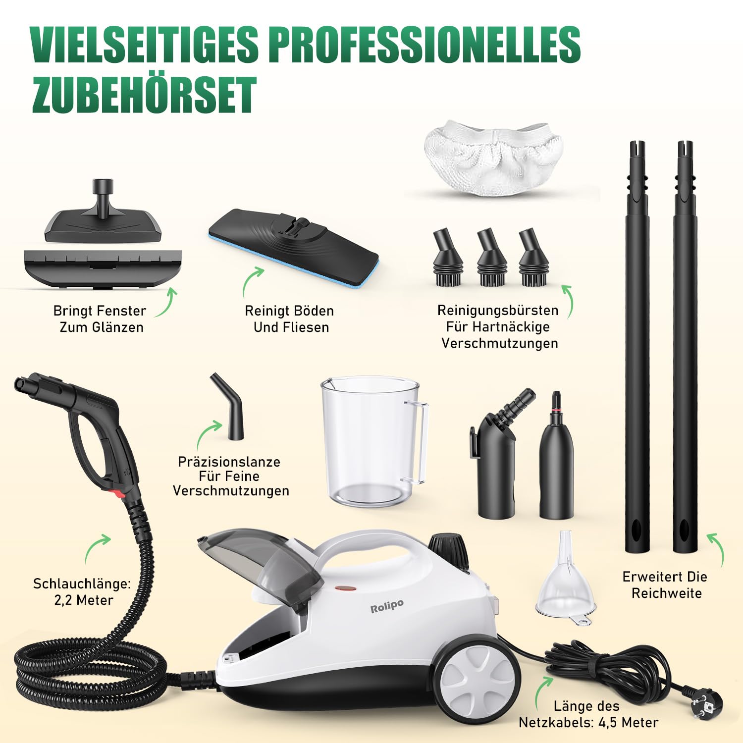 Rolipo Dampfreiniger, Dampfdruck: 4 Bar, Leistung: 2000 W, Tank: Max 2 L, Nutzungsdauer: 40 Minuten, mit Bodenreinigungsset, Düsen und Rundbürste von Böden, Sofas, Polstermöbel und Autos