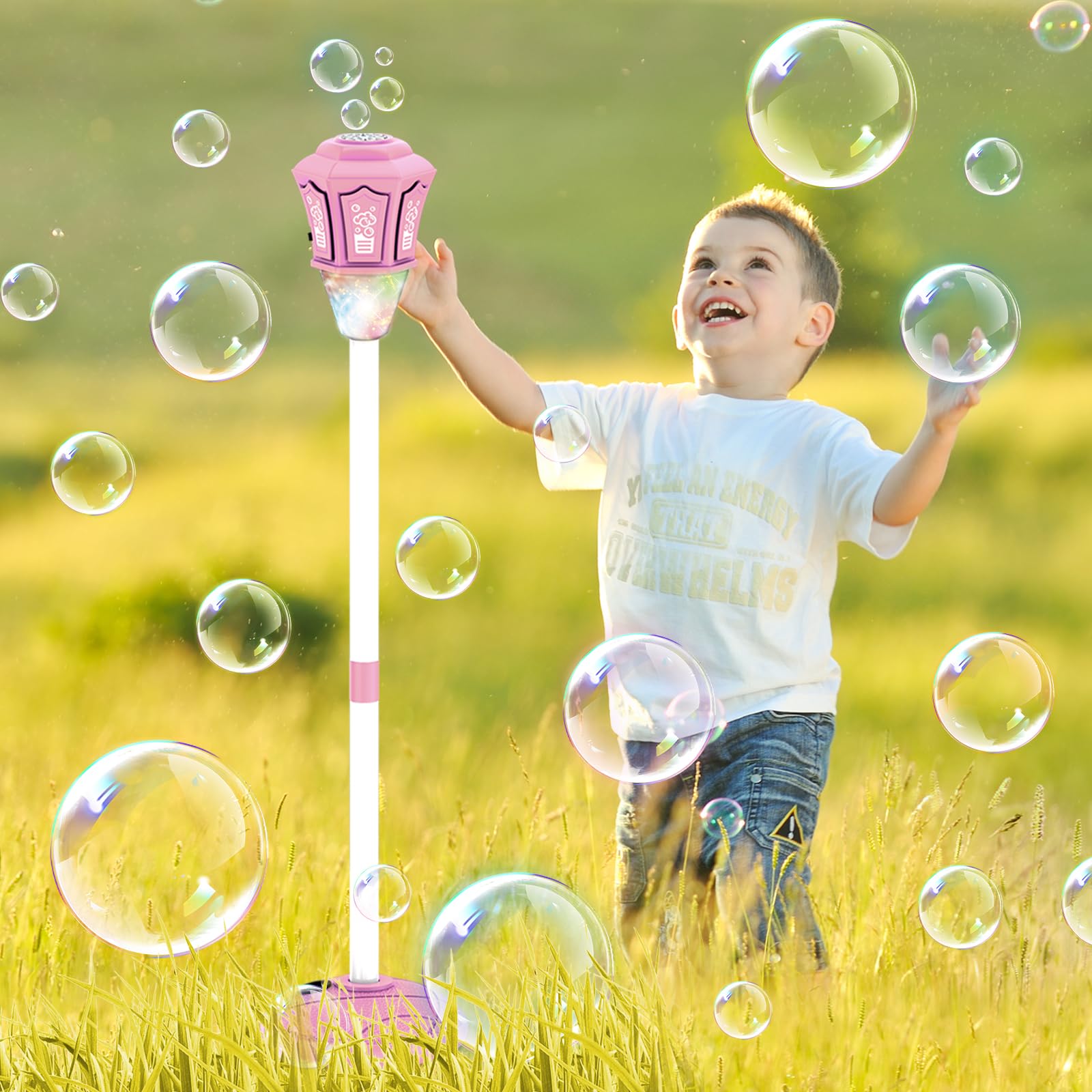 Photo 1 of Bubble Maker Stand Machine with Lights and Music for Outdoor, 21-47 Inches Adjustable Bubble Torch, Bubble Machine for Wedding Birthday Outdoor Party (Pink)