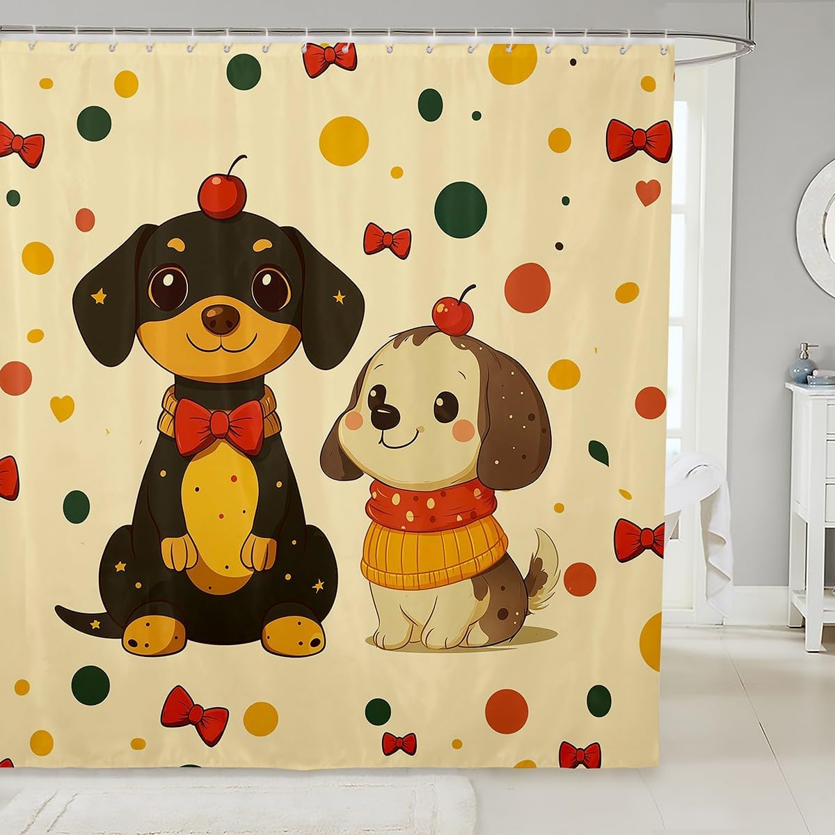 jejeloiu Kids Cute Dog Shower Curtain 72"x72" Puppy Dog Bath Curtain for Boys Teens Decor Bowknot Red Bow Kawaii Poppy Pet Bathroom Shower Curtain Set Lovely Animal Kids Bathroom Accessories