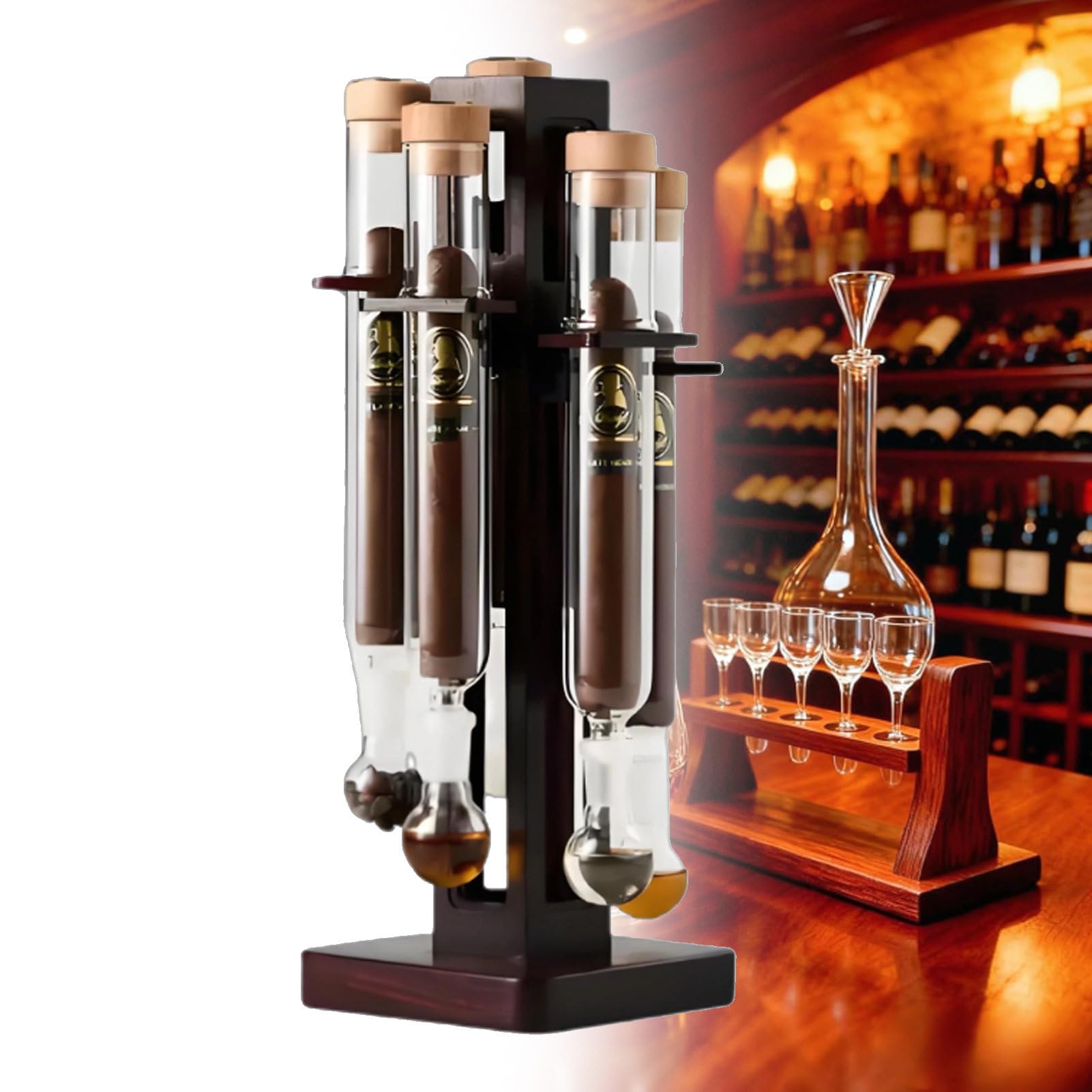 Cigar Flavor Infuser & Ekspozytor dojrzewania – System infuzji 5–7 dni z komorami szklanymi, drewniana edycja social z higrometrem C5