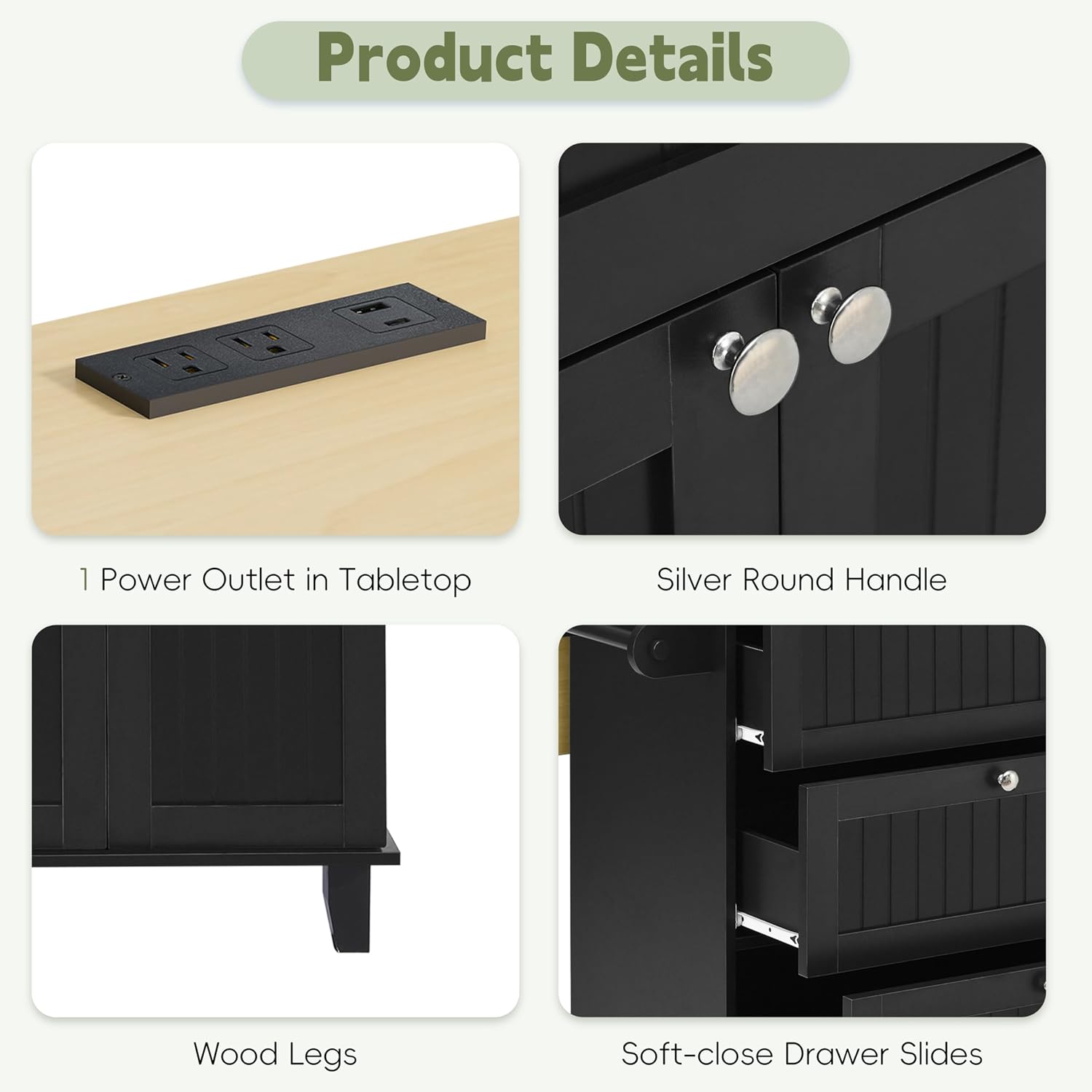 Bellemave Kitchen Island product details including power outlet, handles, legs, and drawer slides