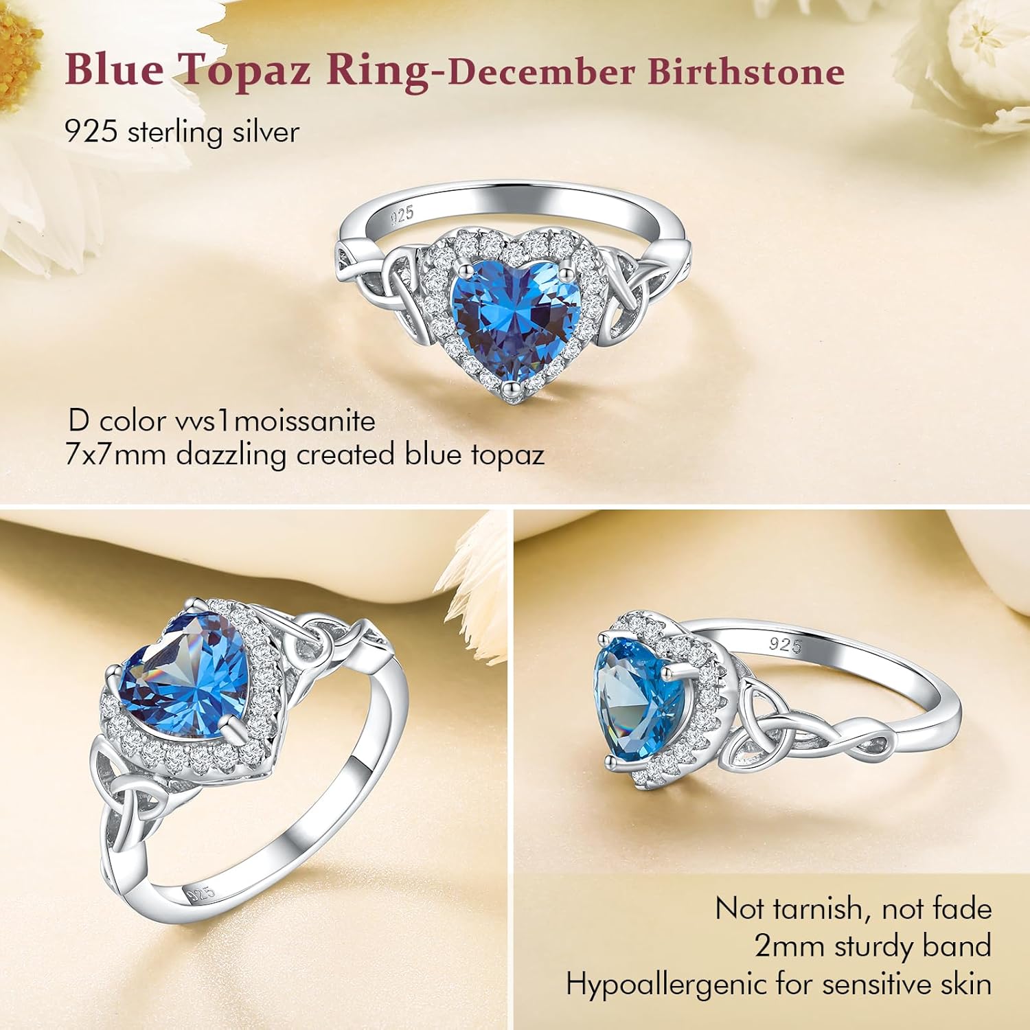 DAYBYDAY Celtic Birthstone Rings for Women 925 Sterling Silver Heart/Round/Pear/Oval Created Gemstone Moissanite Halo Engagement Promise Rings for Her Wife Birthday Anniversary Wedding Jewelry - Image 3