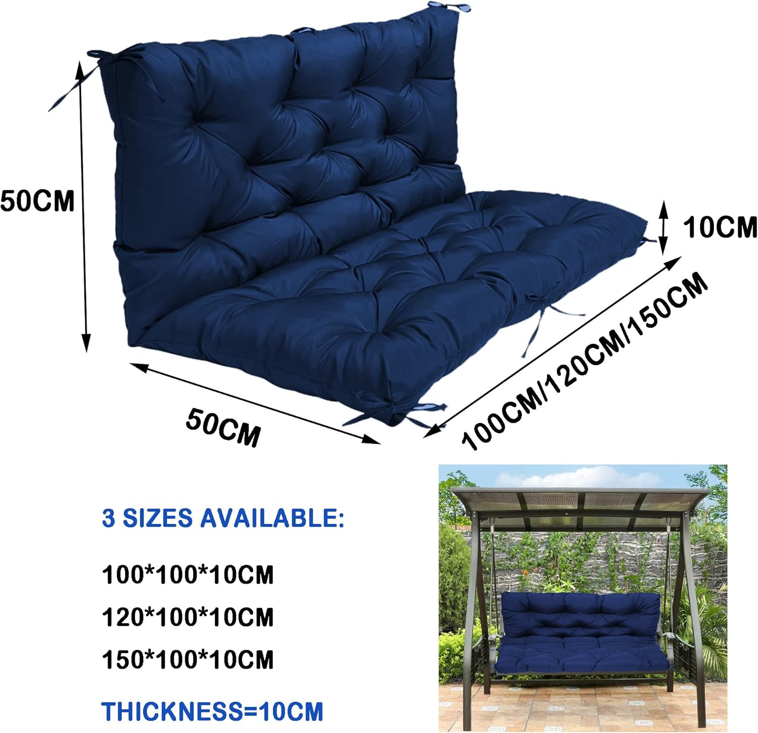 Swing Cushions 3 Seater, Waterproof Bench Cushion for Outdoor Furniture, Thickened Replacement Garden Bench Cushion Pad, Comfortable Chair Pad Hammock Seat Pad,100x100x10cm,Black