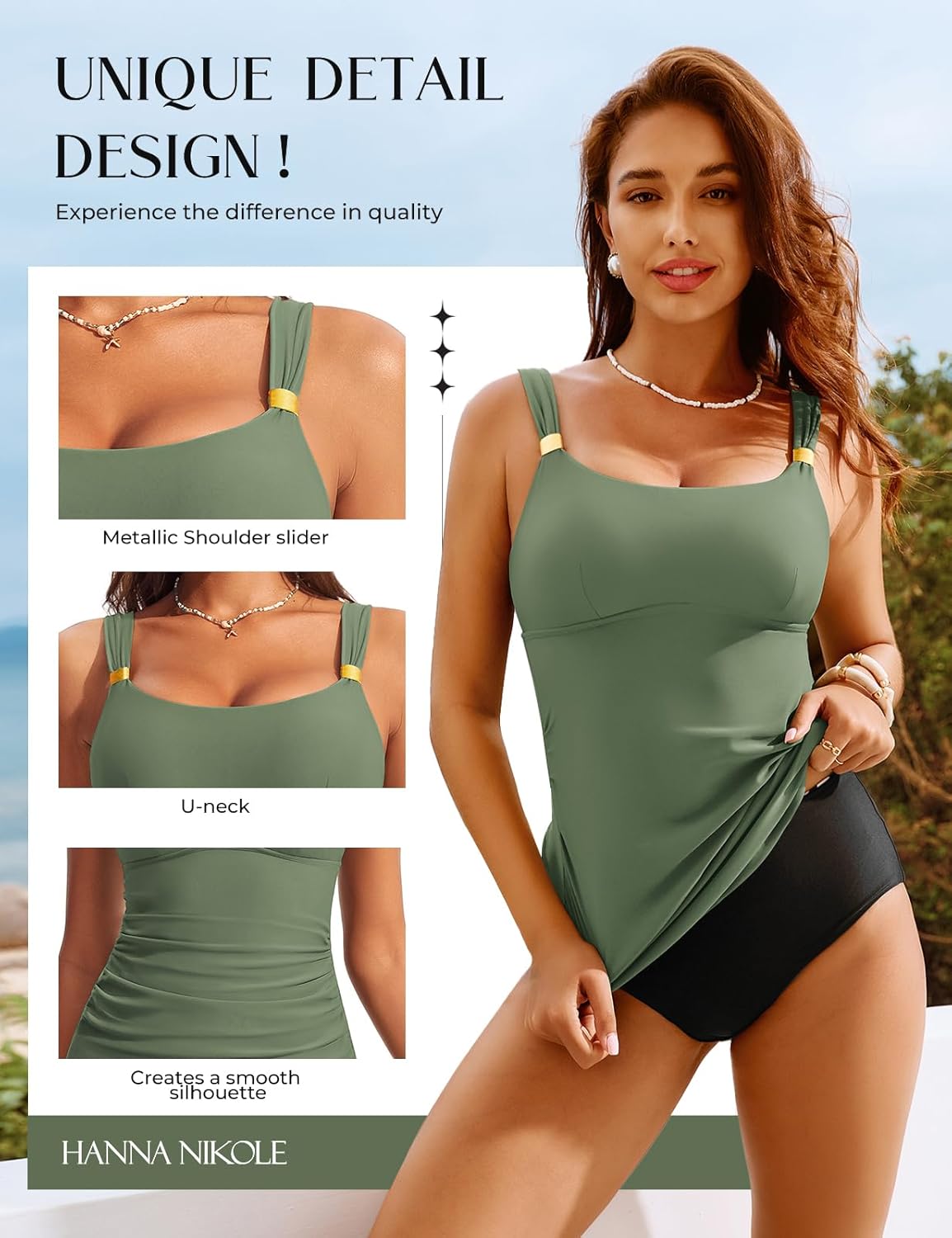 Hanna Nikole Tankini Tops for Women, Tummy Control Swim Tops with Metallic Slider Design, Removable Bras Modest Tops Only - Image 3