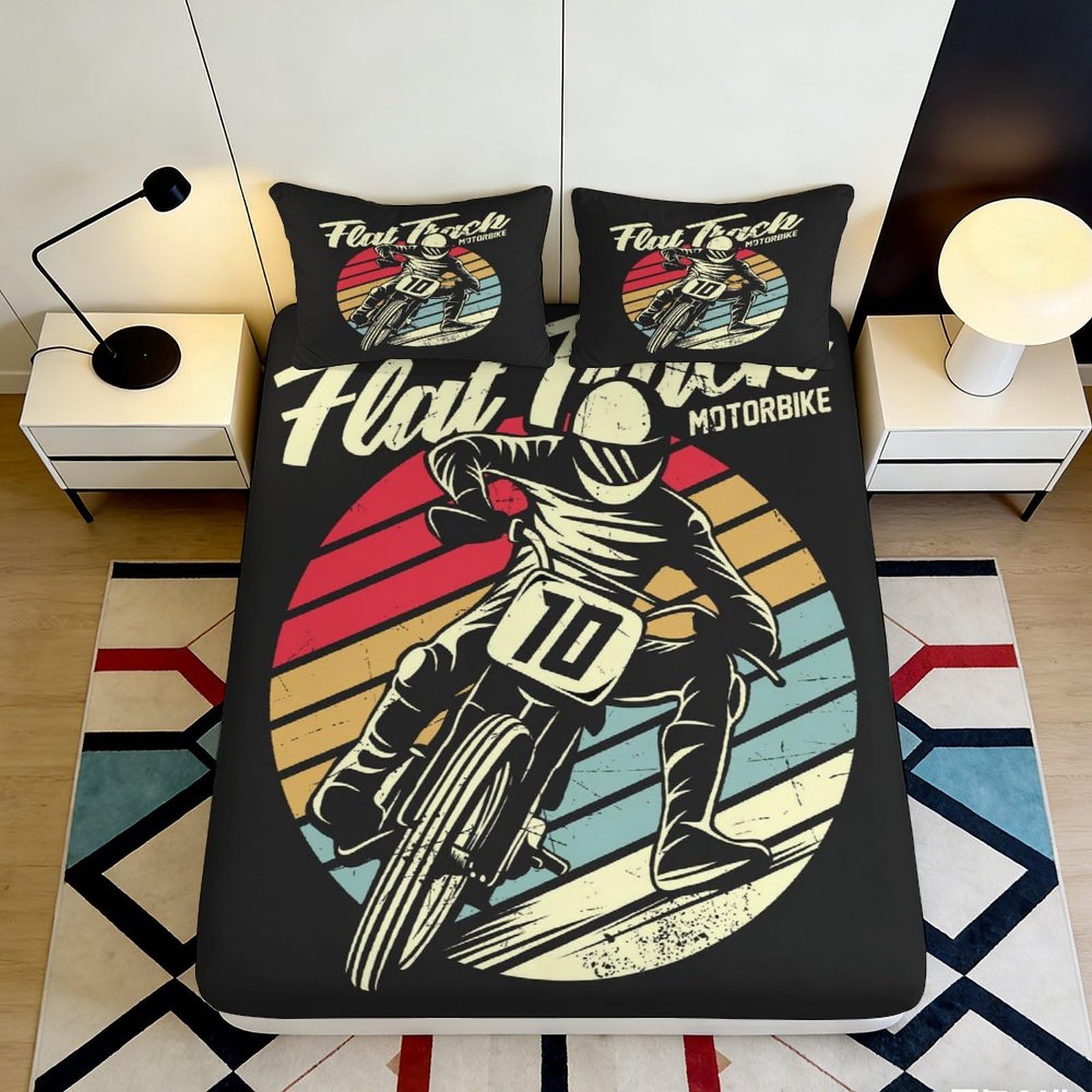 Uxinyoume Style-2 3D Printed Vintage Motorcycle Fitted Sheet Microfiber Retro Racing Bed Cover For Bedroom Guest Room Easy Care 90X200x25cm