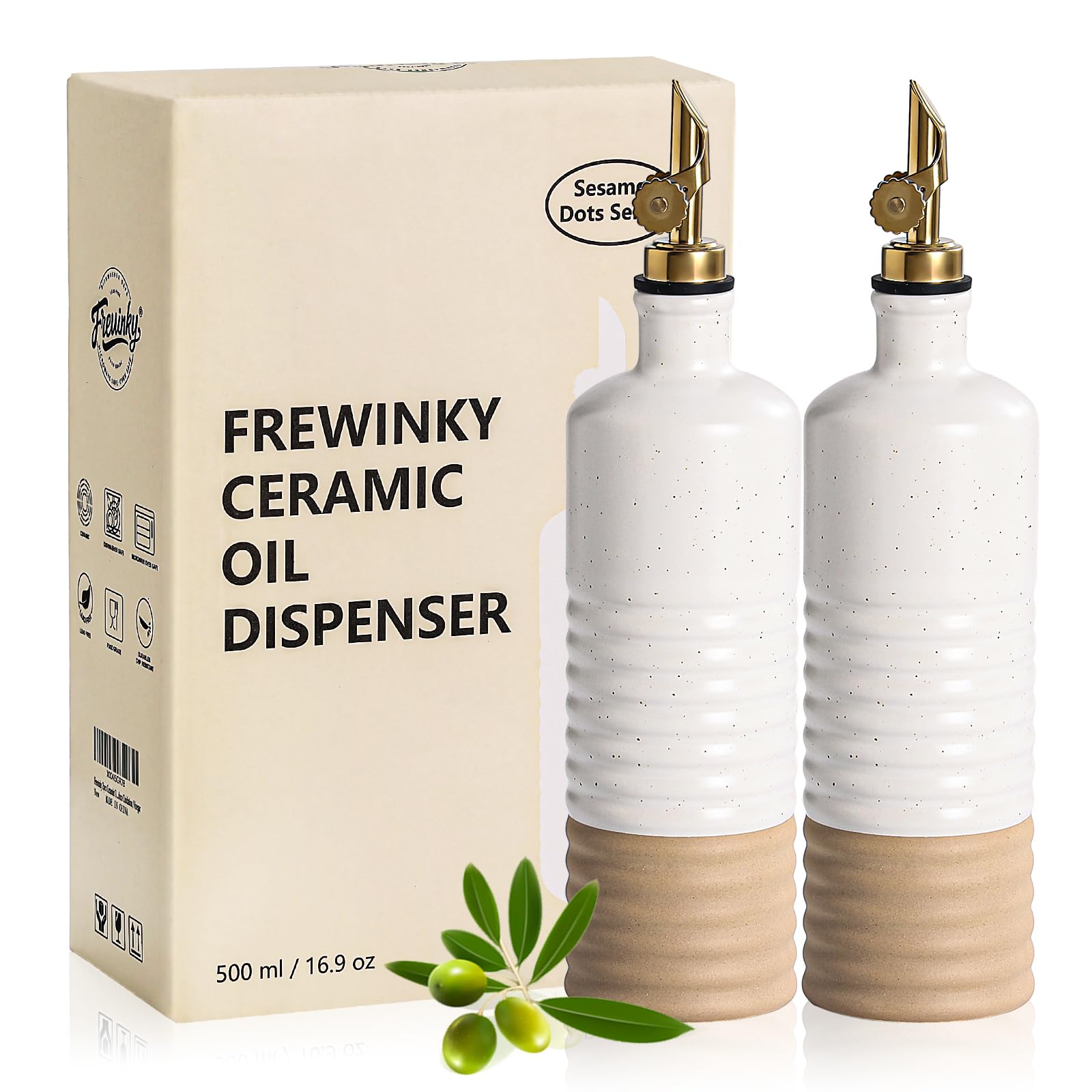 Frewinky Botellas dispensadoras de aceite de oliva de cerámica de 16.9 onzas, juego de 2 con boquillas | Dispensadores de aceite de gres para cocina con boquillas automáticas y embudo para aceite, vinagre y servir mesa.